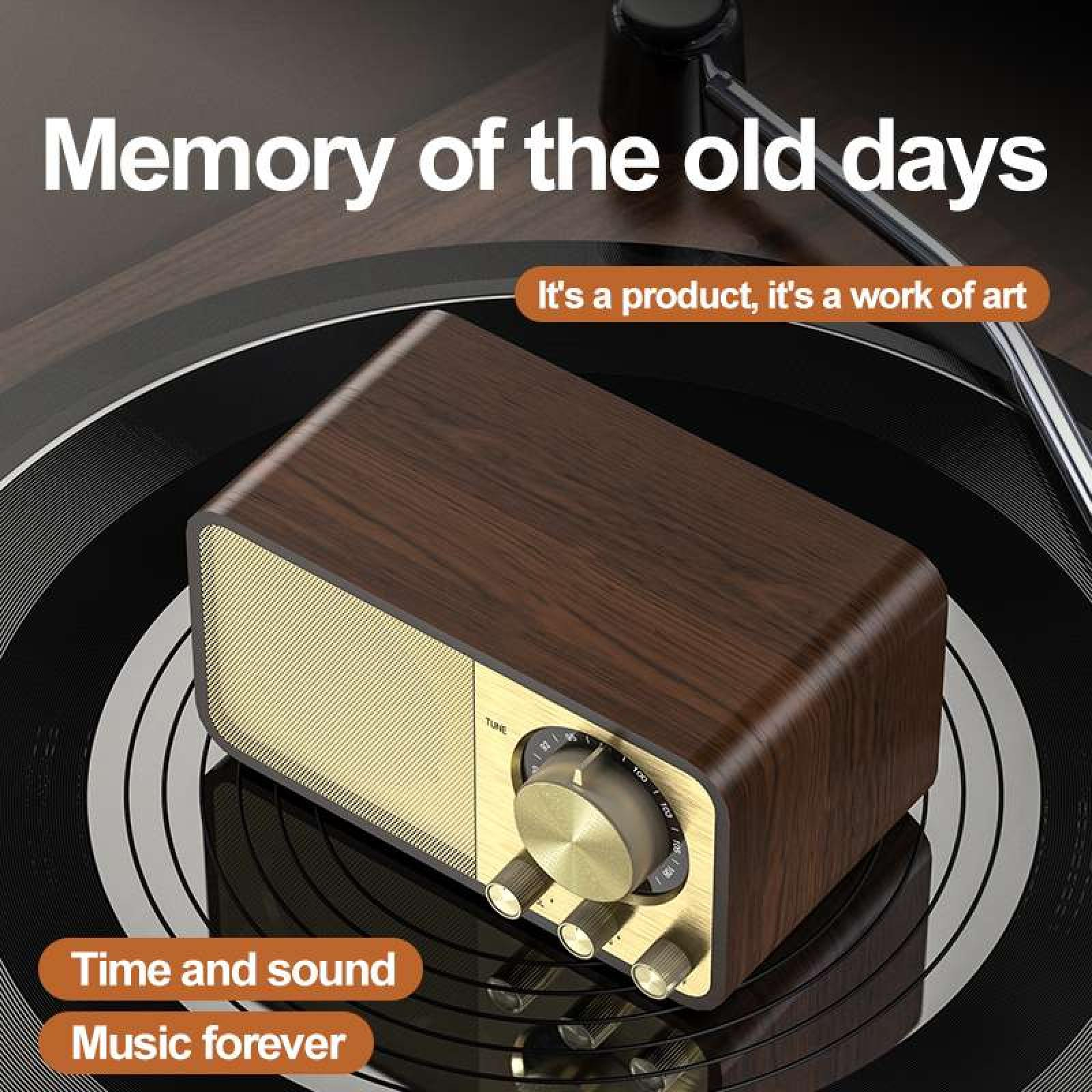 Ein Vintage-Radio steht auf einem Plattenspieler. Es hat eine Holzoberfläche mit goldenen Akzenten und Zifferblättern.