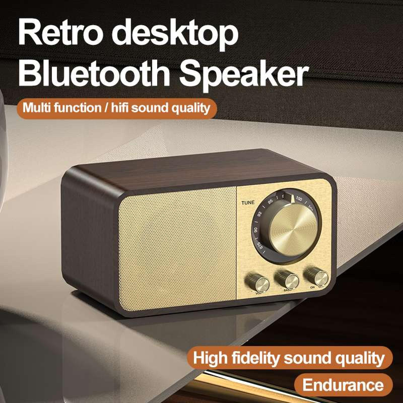 Retro-Bluetooth-Lautsprecher. Dunkles Holzgehäuse mit goldener Front. Mit Drehreglern, Knöpfen und einem Lautsprechergitter.