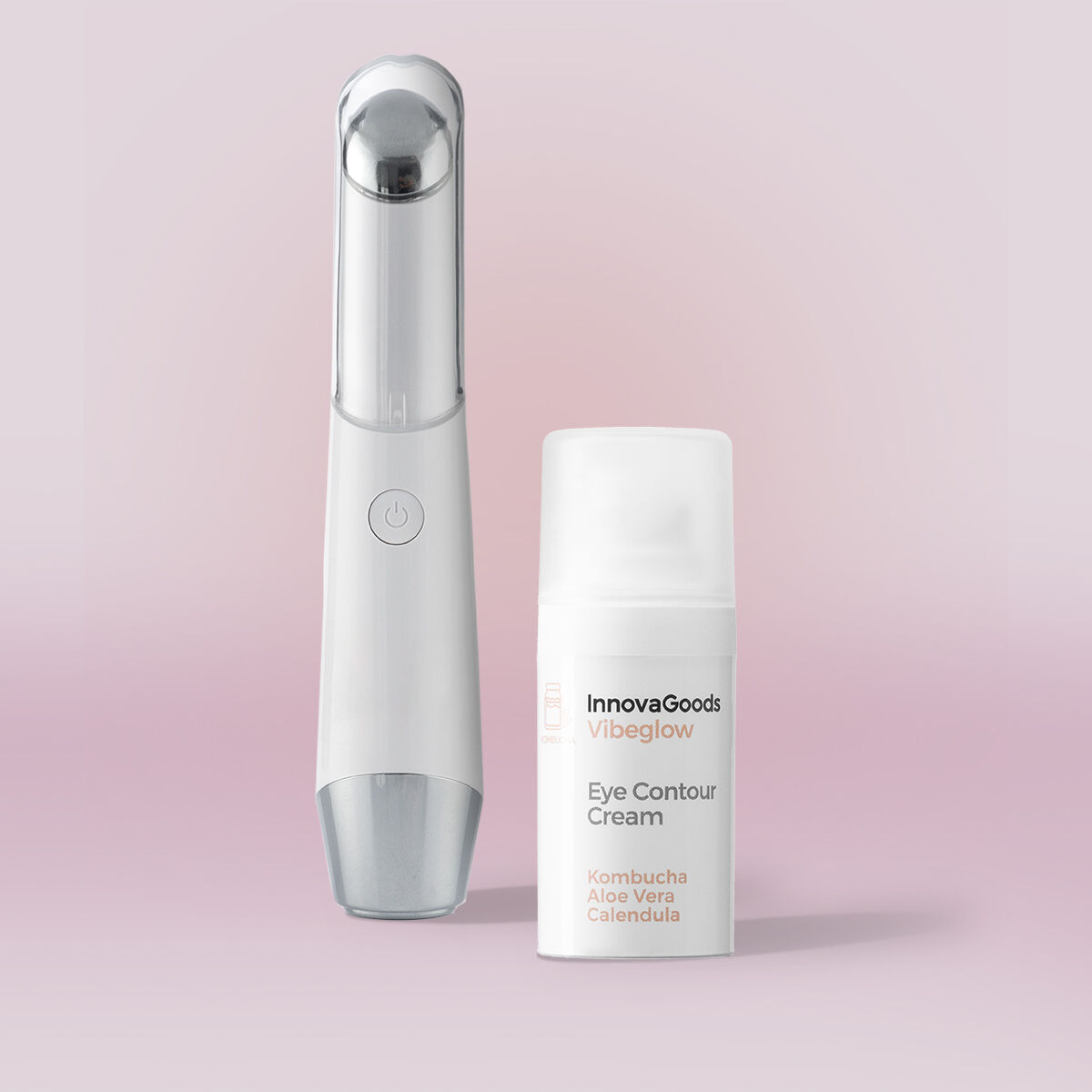 Ein weißes Schönheitsgerät und eine Augencreme auf rosa Hintergrund. Das Gerät hat einen Ein- / Aus-Schalter. Die Creme ist mit InnovaGoods VibeGlow beschriftet.