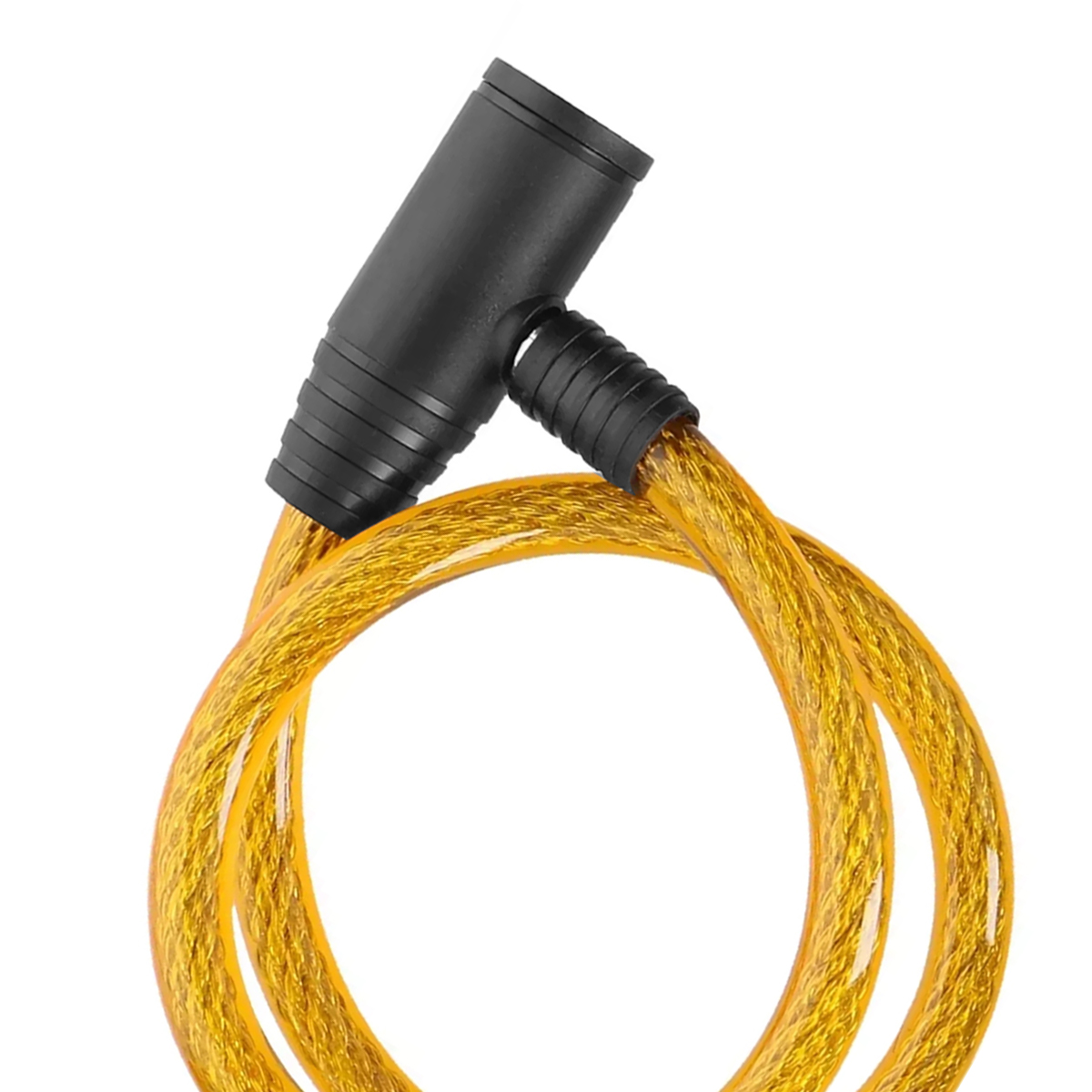 Ein gelbes Fahrradschloss mit schwarzem Verriegelungsmechanismus auf weißem Hintergrund. Das Kabel ist geschlungen und glänzend.