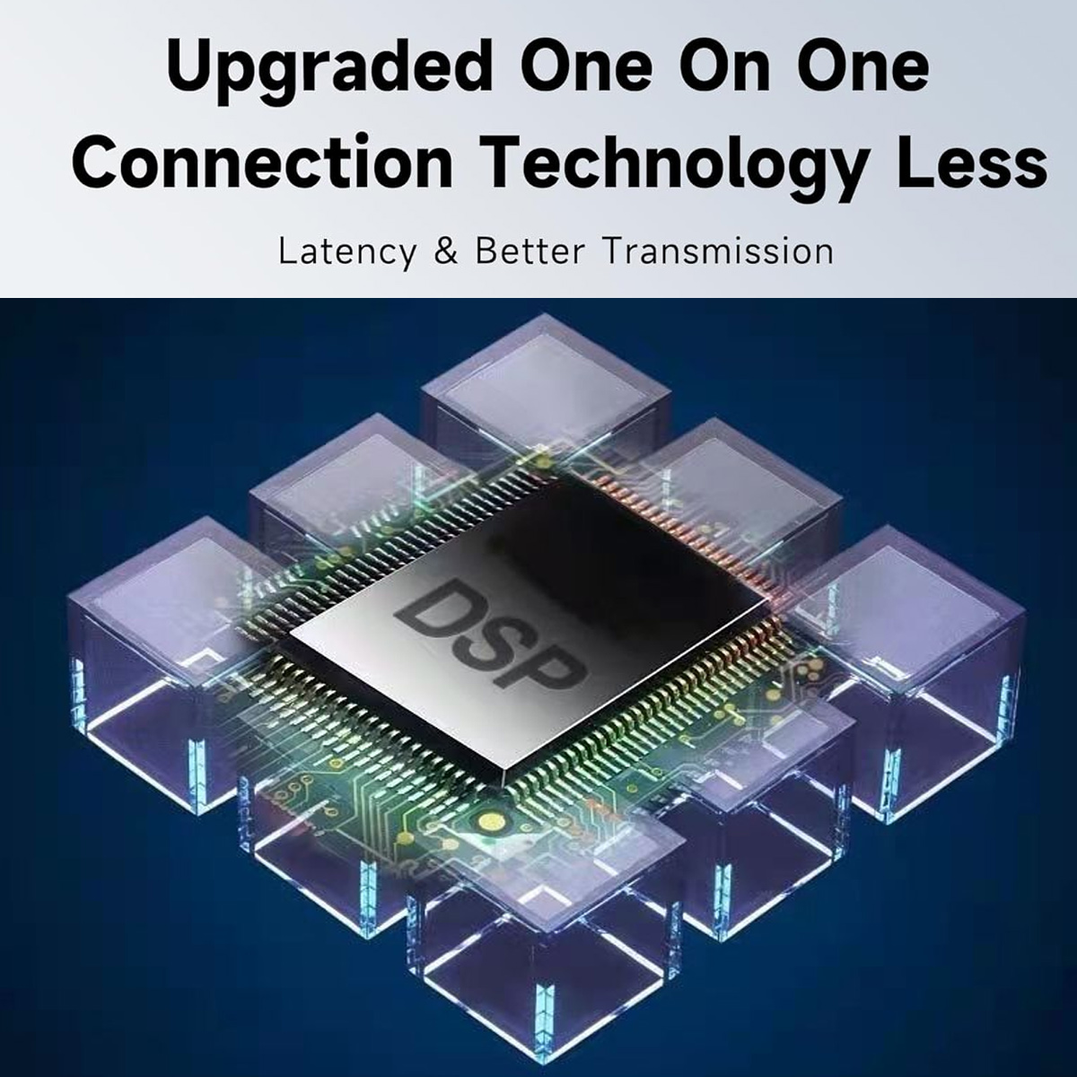 Das Bild zeigt eine Leiterplatte mit der Aufschrift DSP, umgeben von transparenten Würfeln, mit dem Text: Verbesserte One-On-One-Verbindungstechnologie.