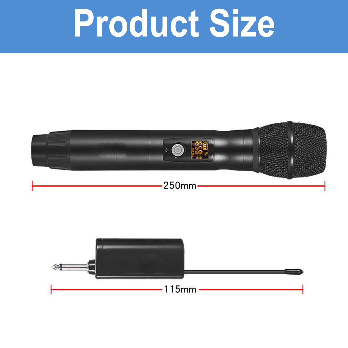 Das Bild zeigt ein schwarzes Mikrofon und einen Empfänger mit Größenangaben. Das Mikrofon ist 250 mm und der Empfänger 115 mm lang.