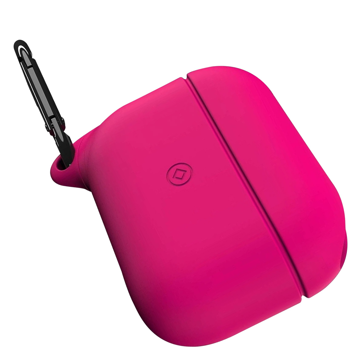 Funda magenta para AirPod con mosquetón negro adjunto. La funda es lisa y tiene un pequeño logotipo cuadrado. Aislada sobre blanco.