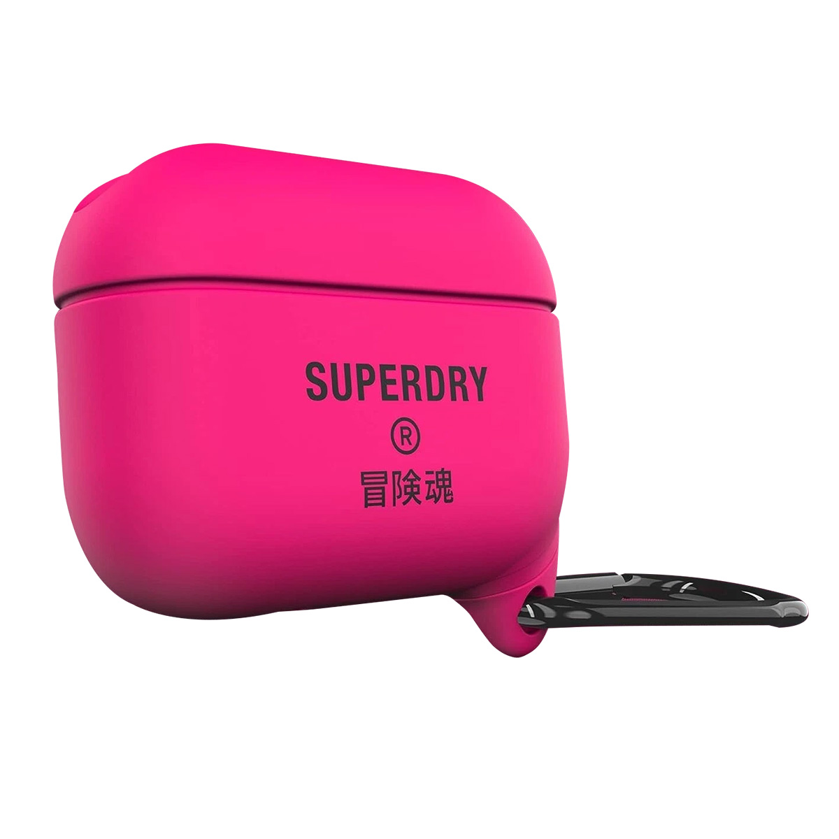 Una funda rosa brillante de Superdry AirPods con un mosquetón negro. El nombre de la marca y caracteres chinos están impresos.