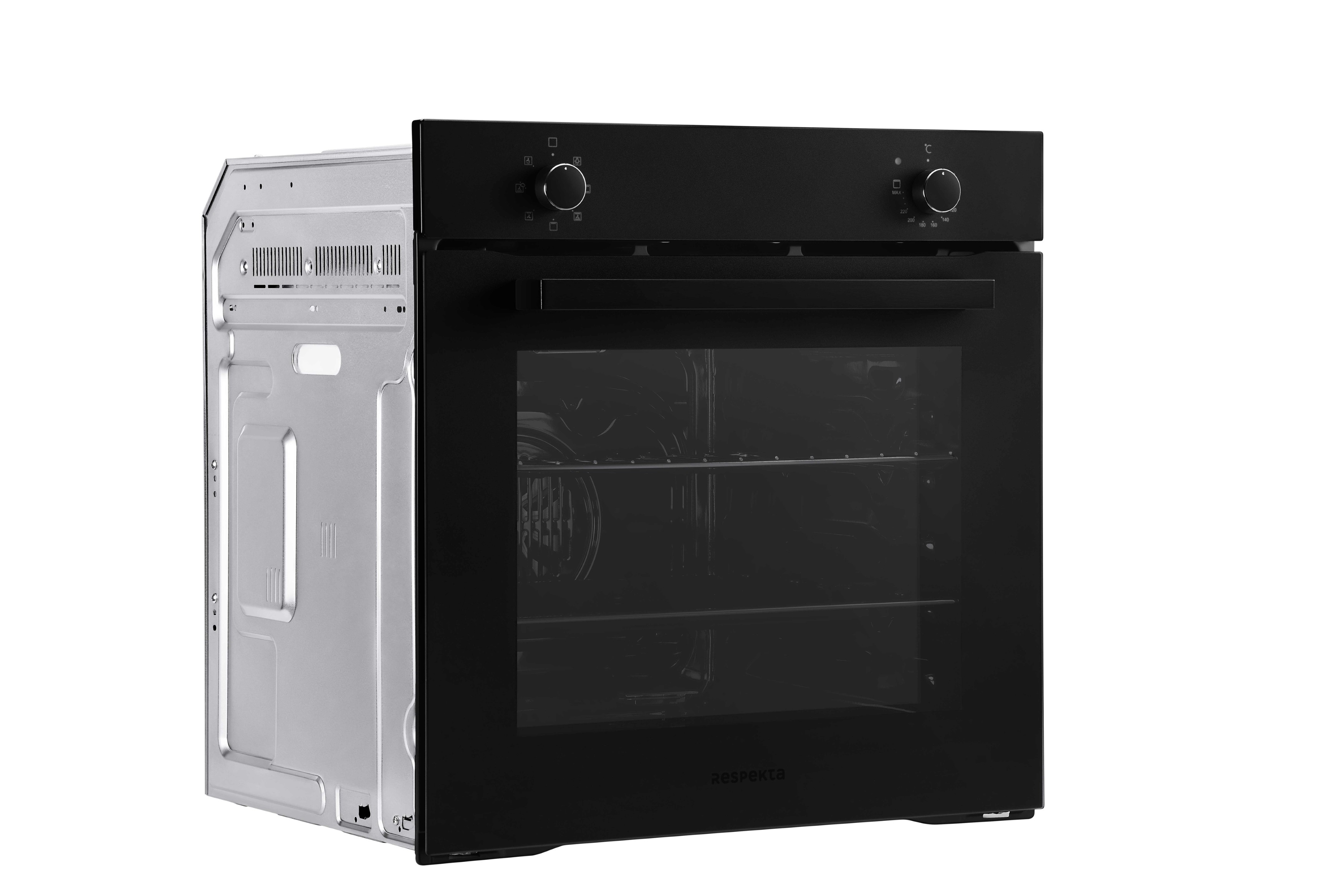 Een zwarte oven met glazen deur op een witte achtergrond. Met twee knoppen en merk 'Respekta'.