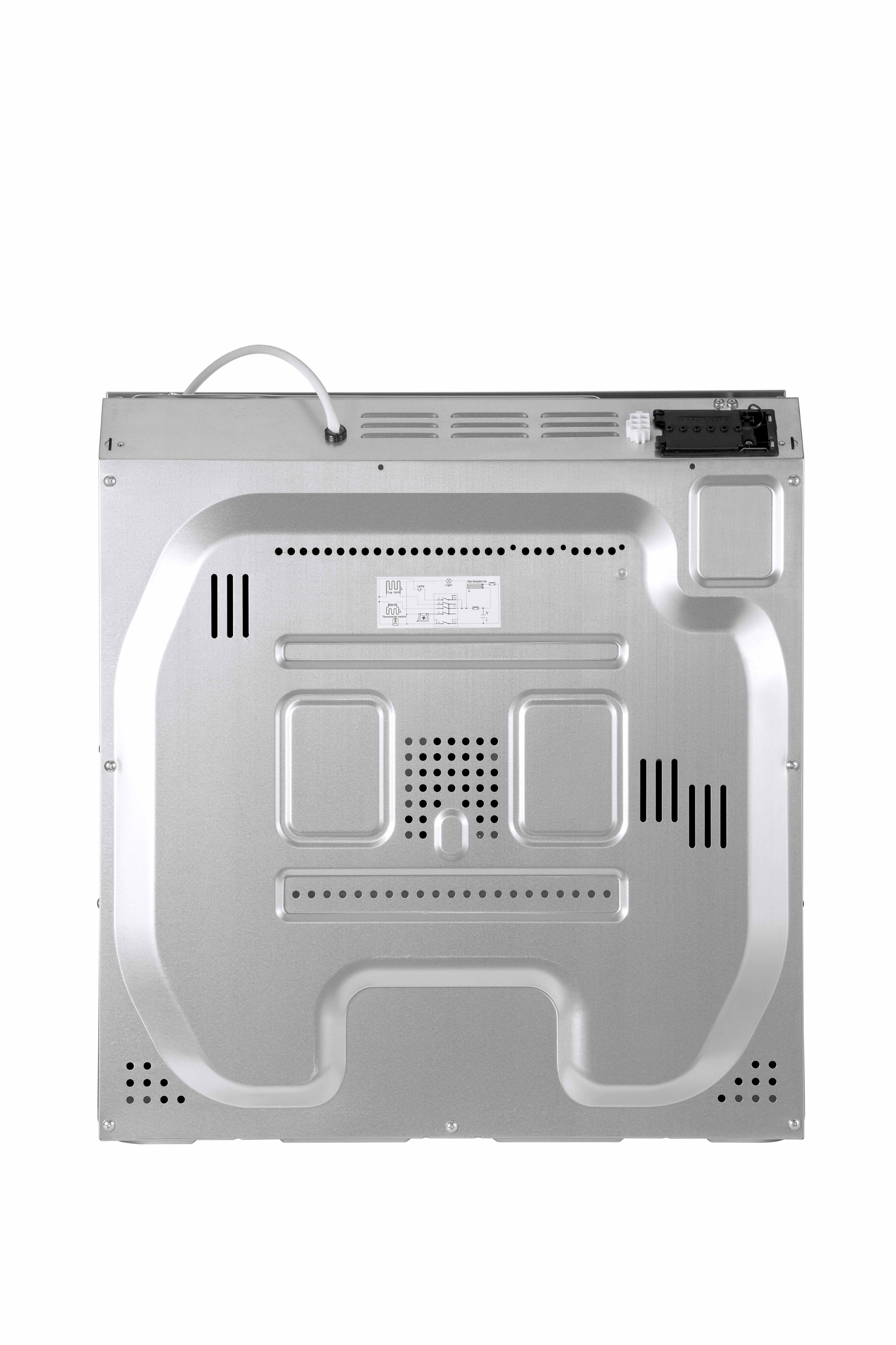 Achterkant van een zilveren elektrische oven met een netsnoer. Toont ventilatieopeningen, markeringen en een klein zwart elektrisch onderdeel.