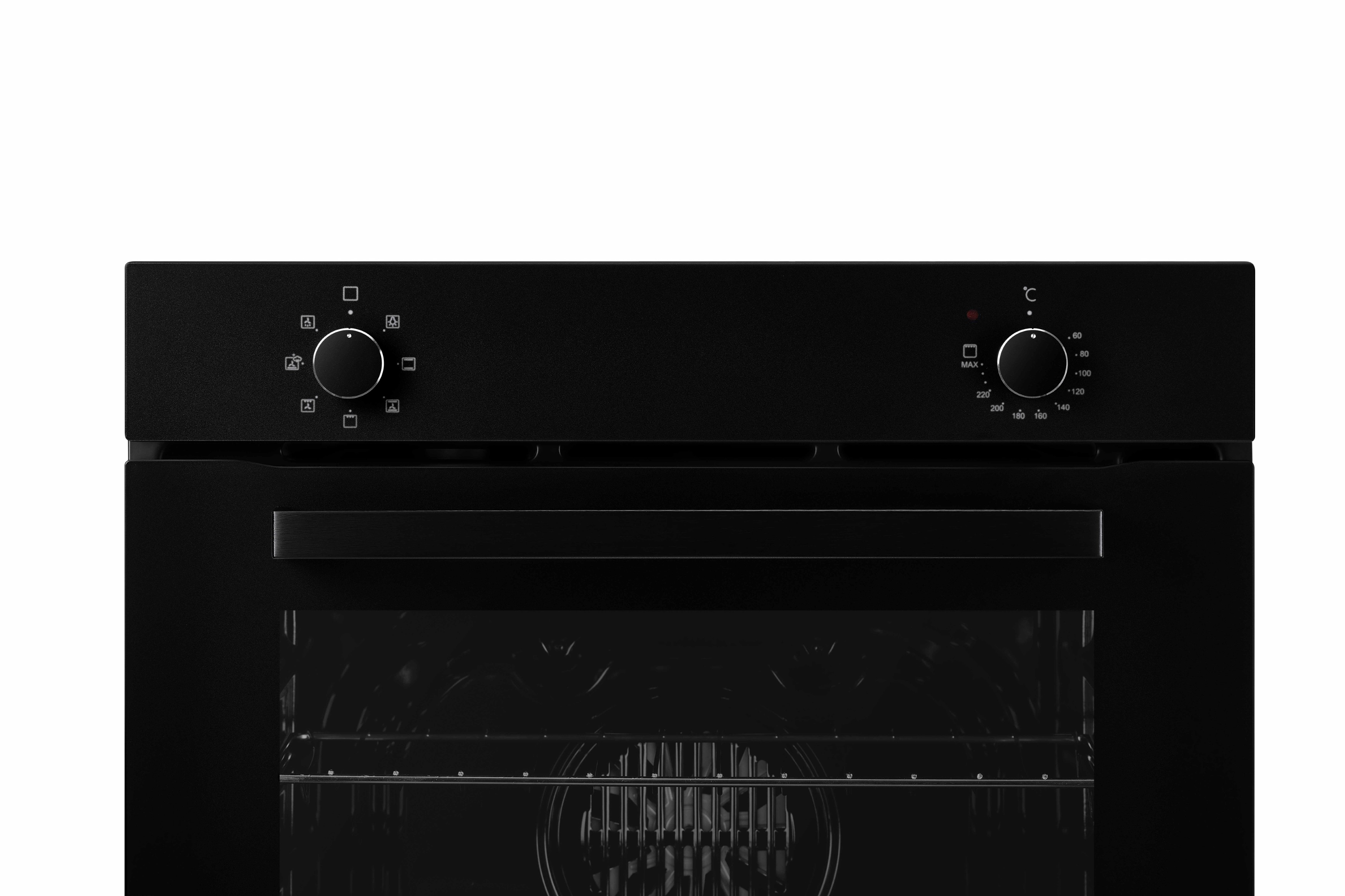 Zwarte oven met twee draaiknoppen, een handvat en een glazen deur. Witte achtergrond.