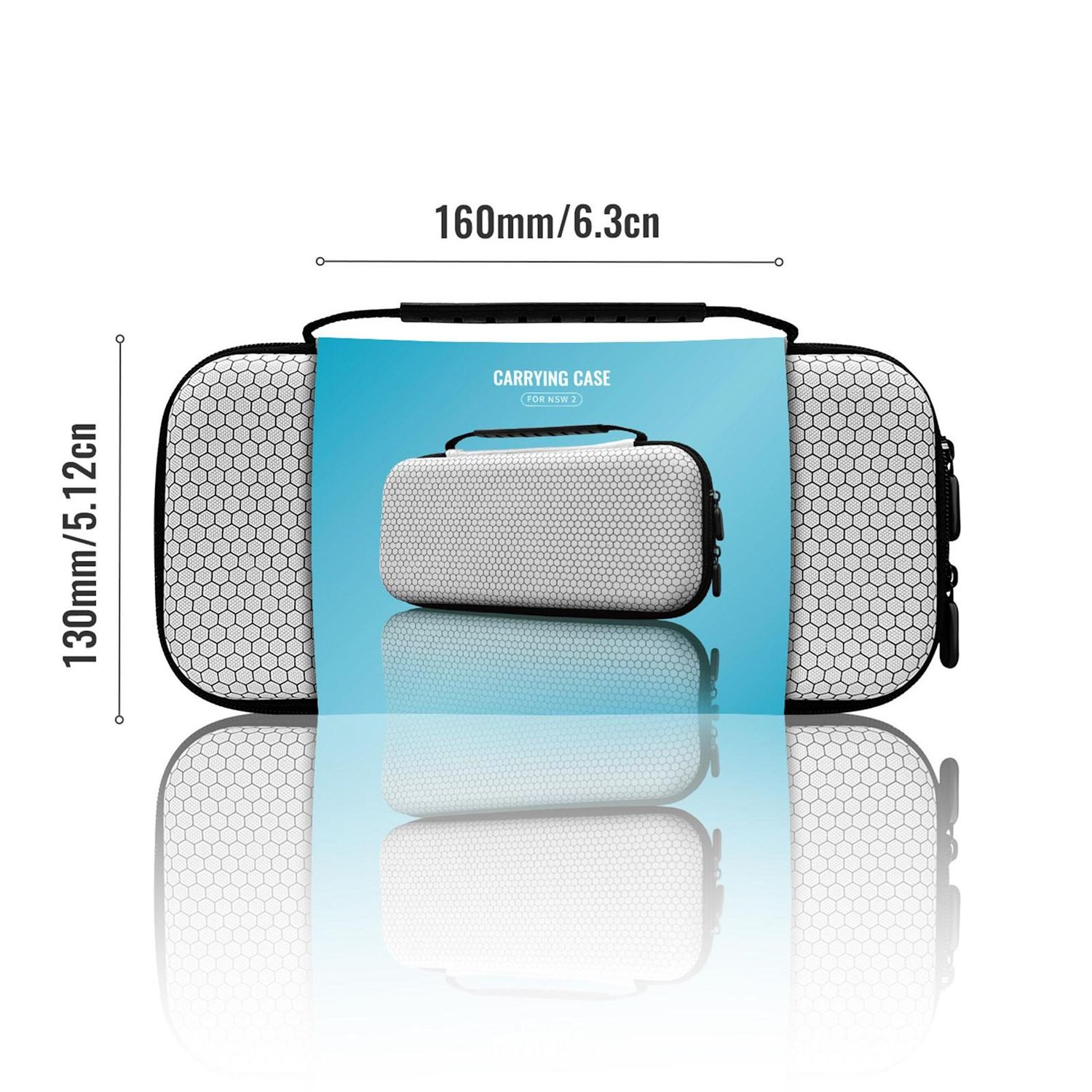 Una funda de transporte para NS con dimensiones. Tiene un patrón de panal y un asa. El fondo es azul claro con texto.