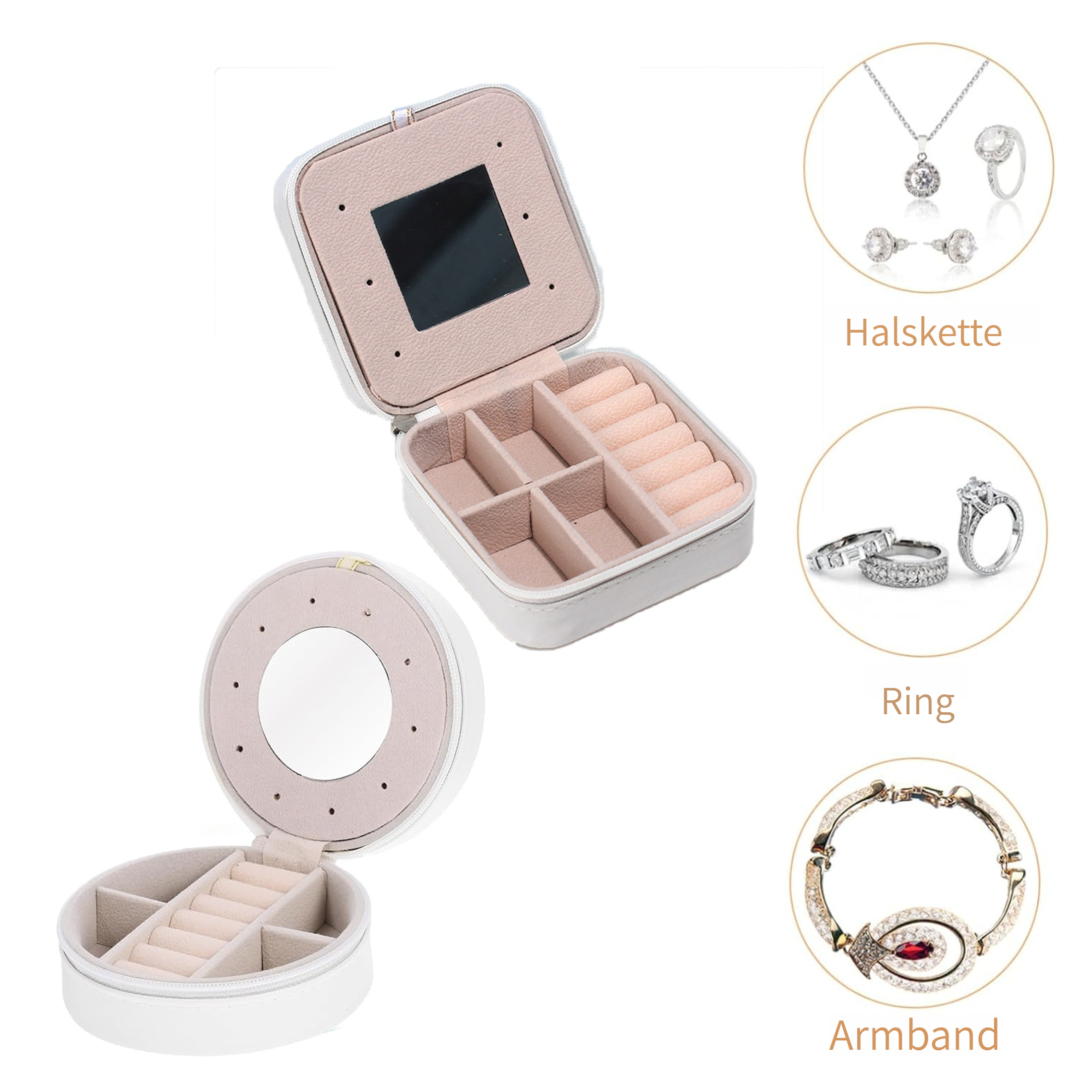 Eine weiße Schmuckschatulle ist geöffnet und zeigt Fächer. In der Nähe werden Schmuckstücke wie Halskette, Ring, Ohrringe und Armband gezeigt.