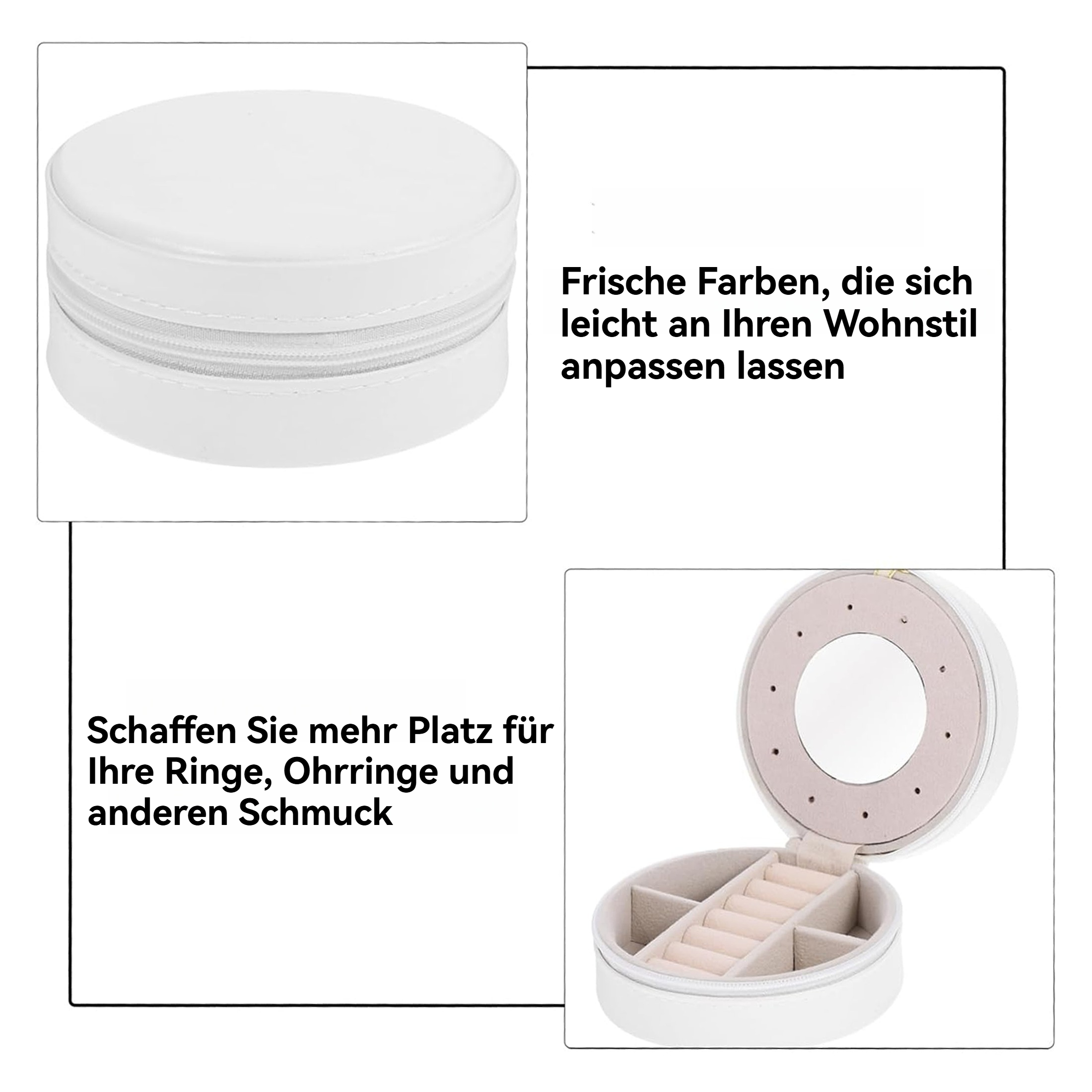 Weiße Schmuckschatulle, obere und offene Ansichten. Innen, beige Fächer und ein Spiegel. Deutscher Text bewirbt Platz für Schmuck.