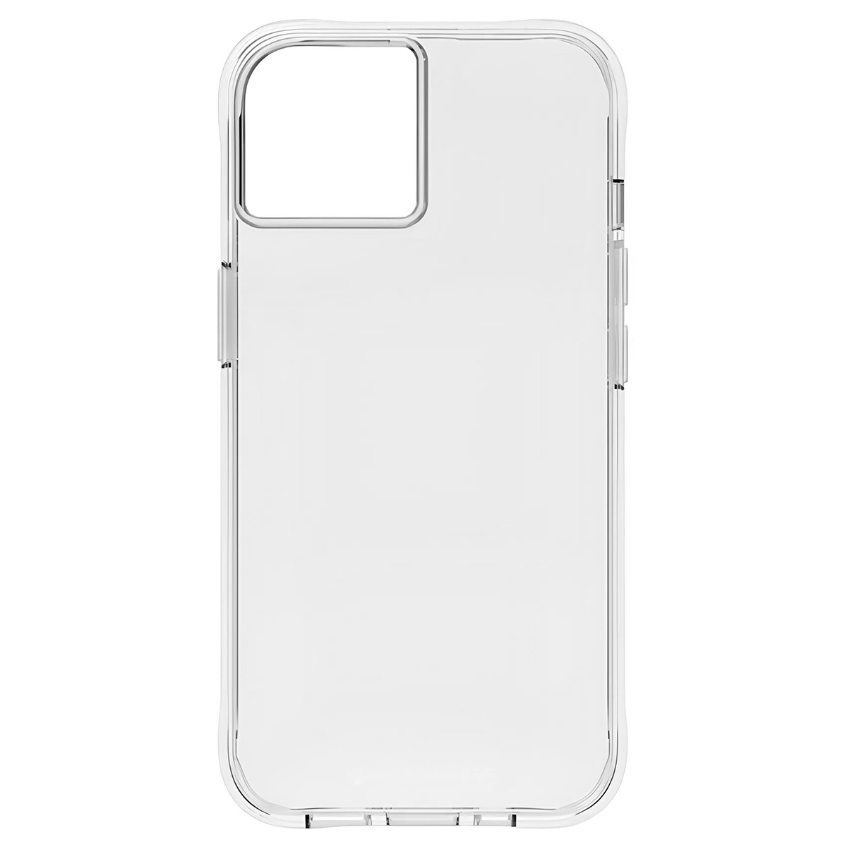 Una custodia trasparente per telefono. Con foro per fotocamera e pulsanti laterali. È una cover protettiva con superficie lucida.