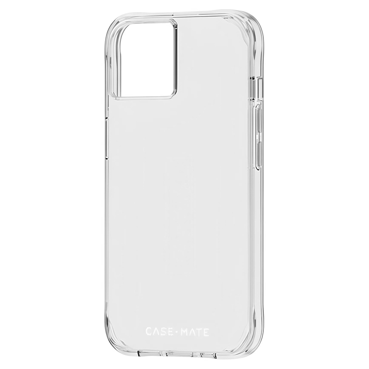 Custodia trasparente per iPhone. Ha un ritaglio per la fotocamera, pulsanti e il logo 'CASE • MATE' in basso. La custodia è trasparente.