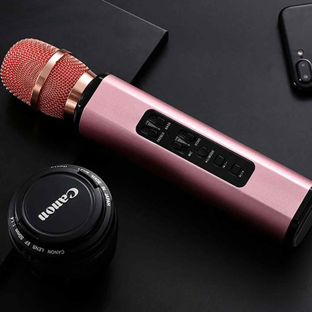 Ein rosa Mikrofon mit rotem Netz, Canon-Objektiv und Telefon liegen auf einer schwarzen Oberfläche. Regler am Mikrofon: Höhen, Bässe, Echo, Mikrofon.