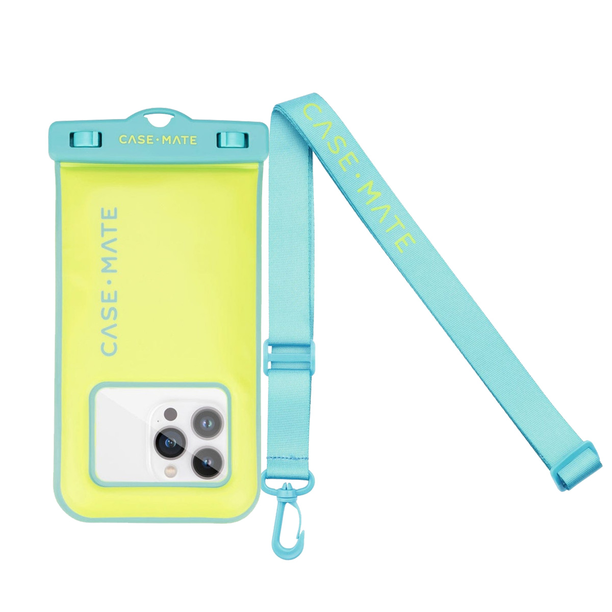 Una custodia impermeabile gialla per telefono con cinturino blu e logo Case Mate. Un telefono bianco è visibile all'interno.