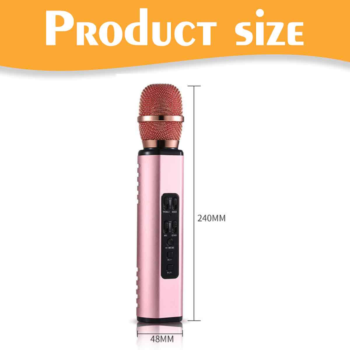 Ein rosa Mikrofon mit roségoldenem Kopf, beschriftet mit 'Produktgröße'. Die Abmessungen betragen 240 mm Höhe und 48 mm Breite.