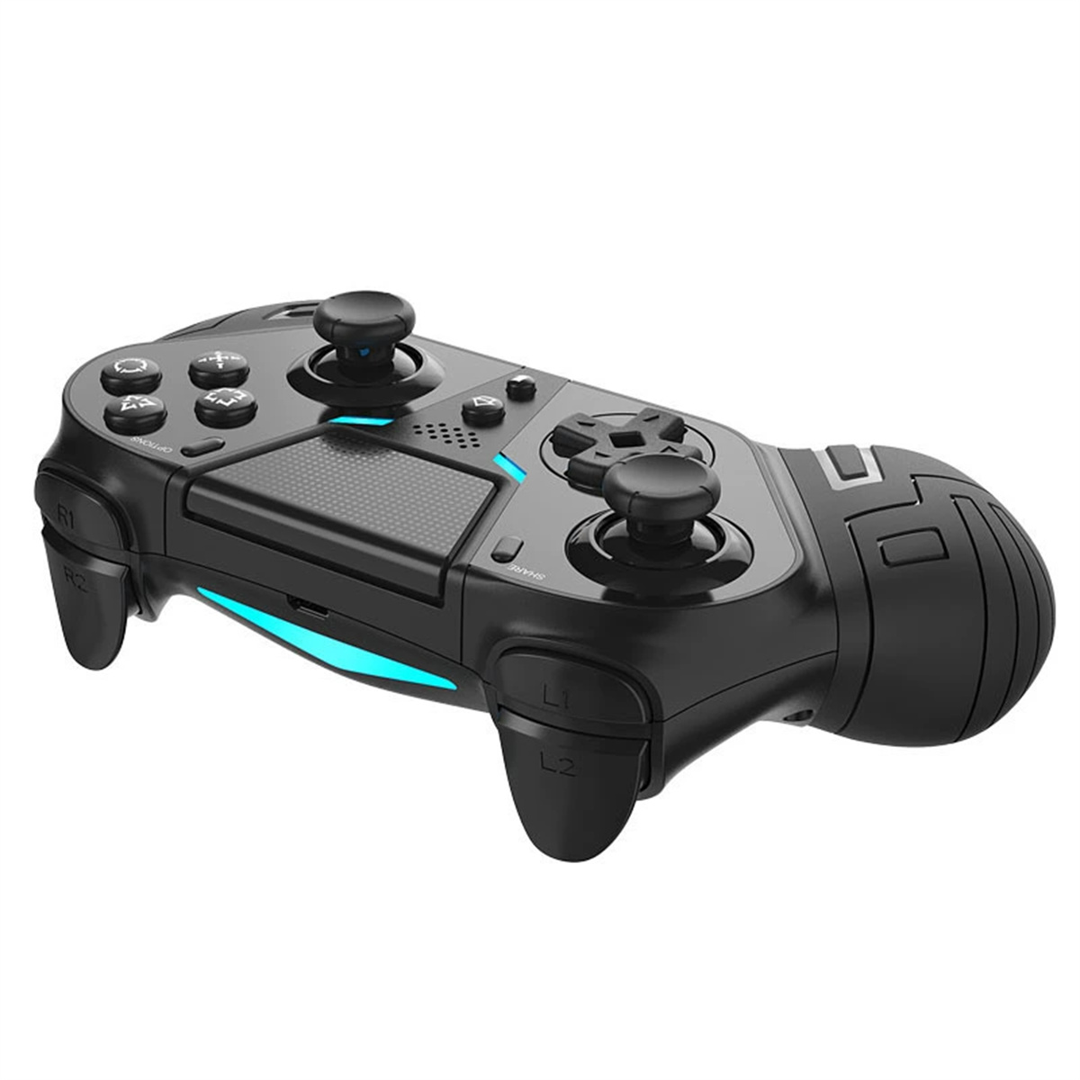 Ein schwarzes Gamepad mit Knöpfen, Joysticks und Triggern, hat blaue Lichter. Es befindet sich auf weißem Hintergrund.