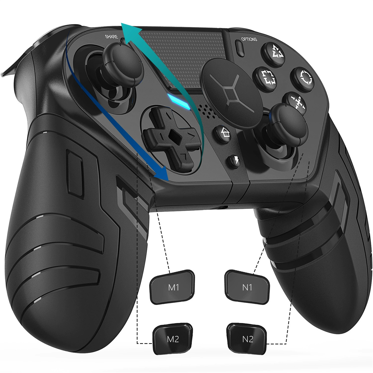 Schwarzes Gamepad mit Knöpfen, Joysticks und Pfeilen. Pfeile zeigen die Tastenfunktionen an. Vier zusätzliche Tasten sind unten abgebildet.