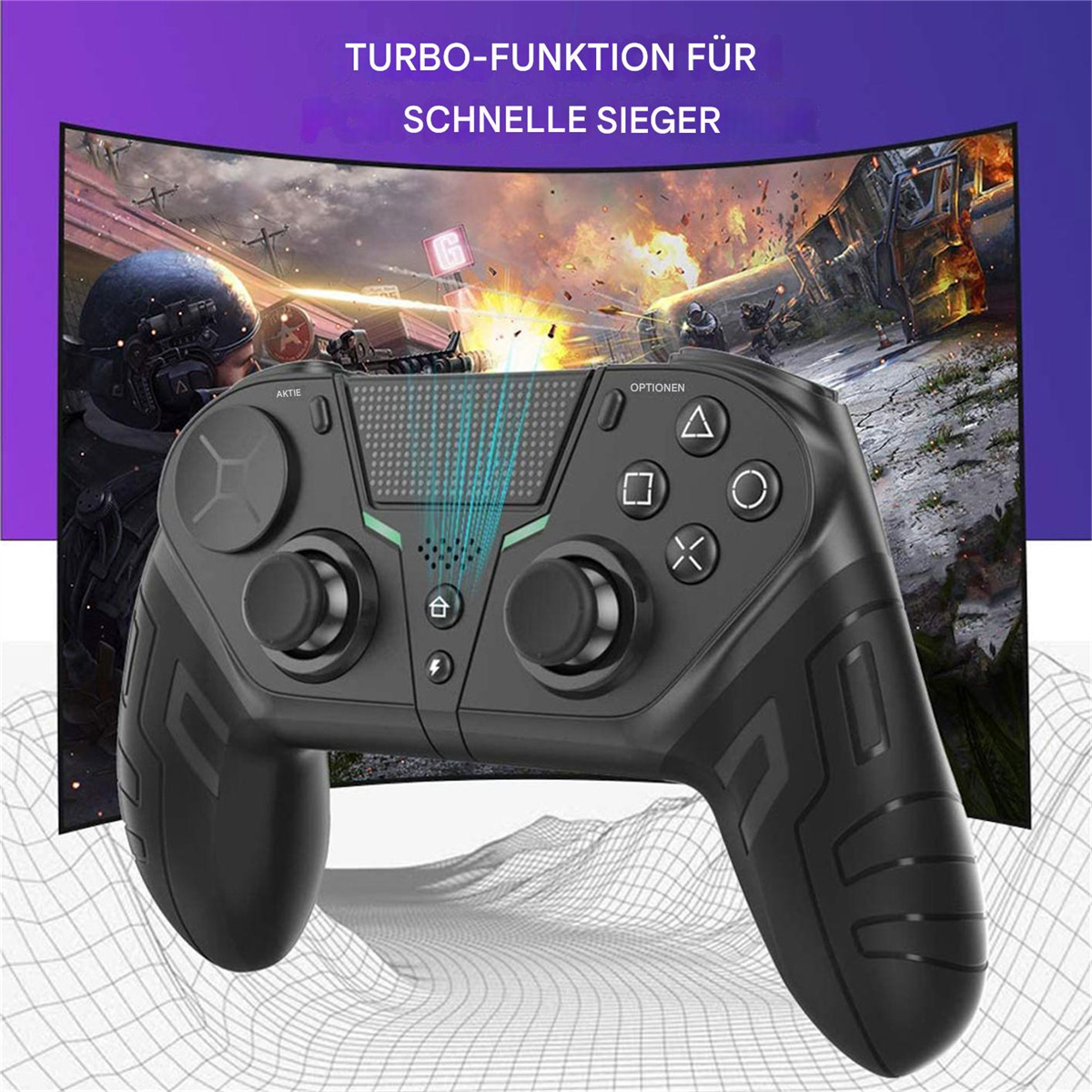 Schwarzer Gamecontroller mit Tasten, Joysticks und einer Hintergrundszene eines Kriegsspiels. Der Text oben lautet 'Turbo-Funktion für Schnelle Sieger'.