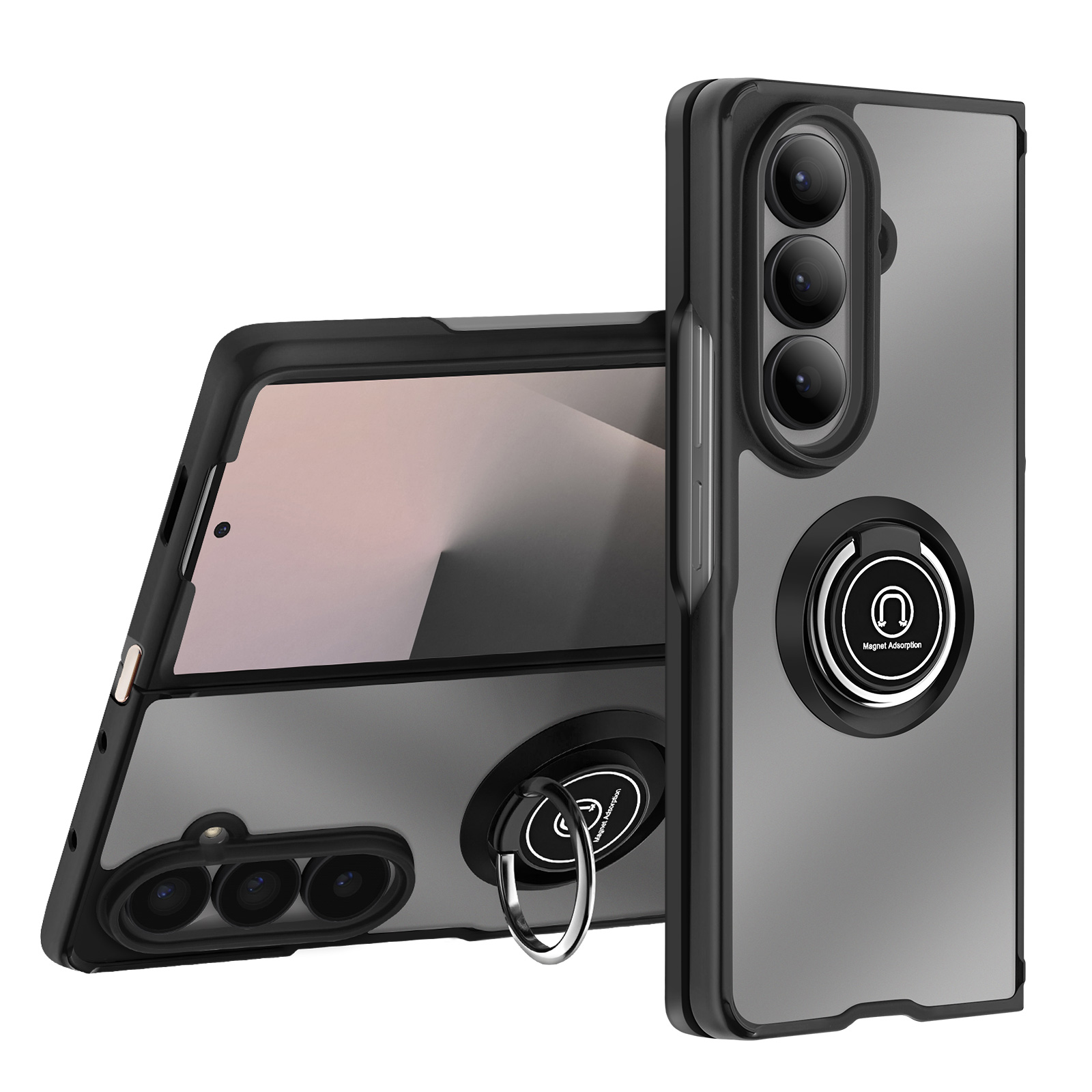 Coques de téléphone noires, une ouverte, montrant l'écran. Une avec trois caméras et un support d'anneau. Fond gris.