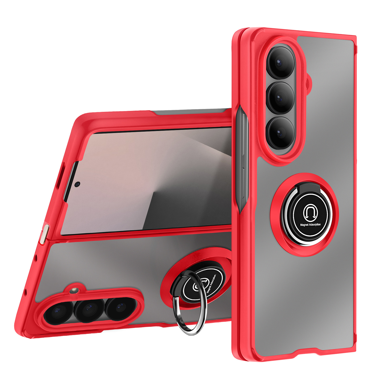 Deux coques de téléphone rouges avec dos gris. L'une est ouverte, montrant l'écran. Chacune a un support d'anneau avec un aimant.