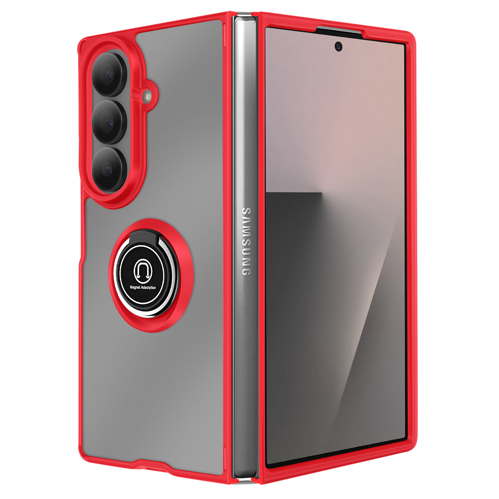 Un étui de téléphone Samsung en rouge et gris. Le téléphone dispose d'un module caméra et d'un support d'anneau. L'écran est visible.