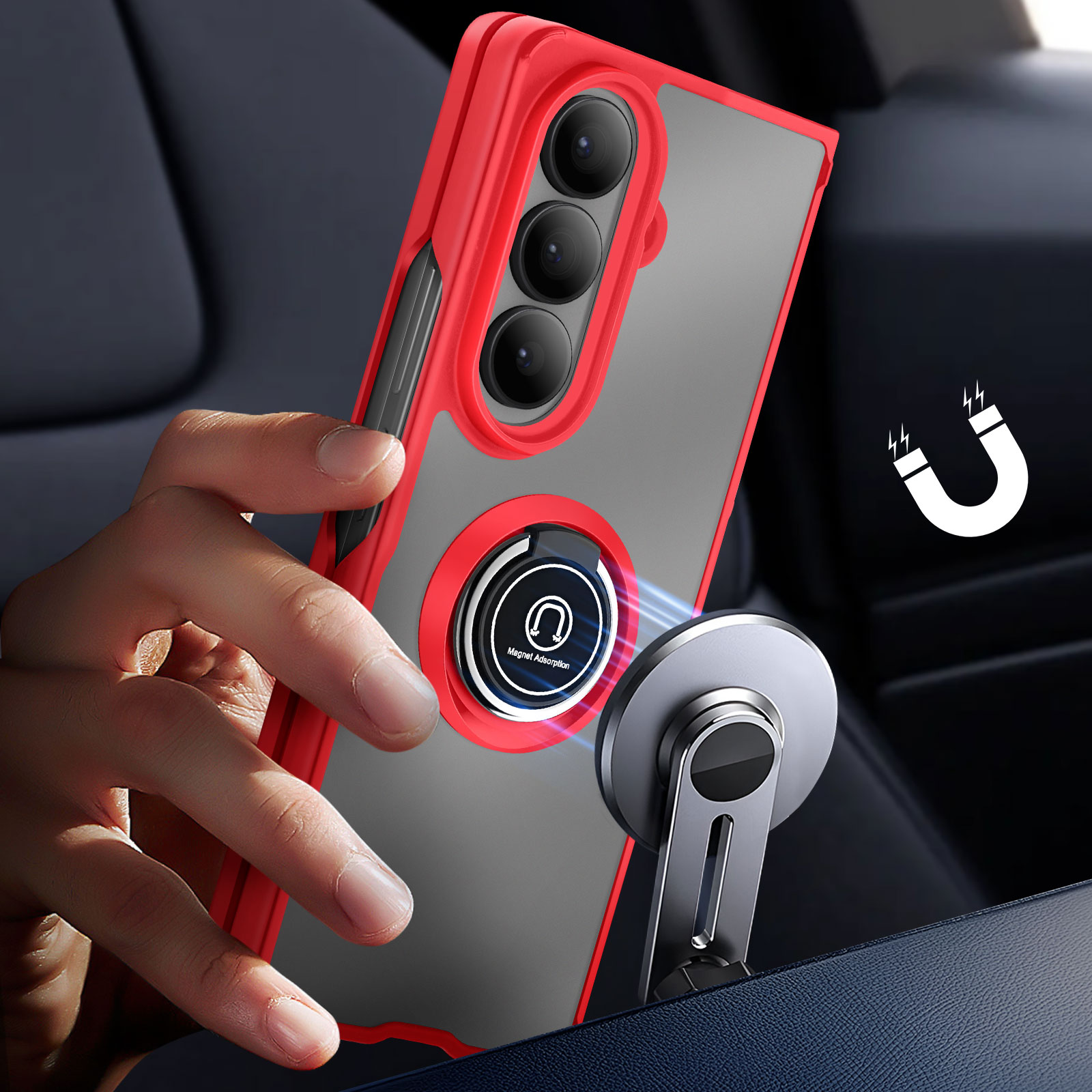 Un étui de téléphone rouge avec un support annulaire est fixé magnétiquement à un support de voiture. Une main tient le téléphone.