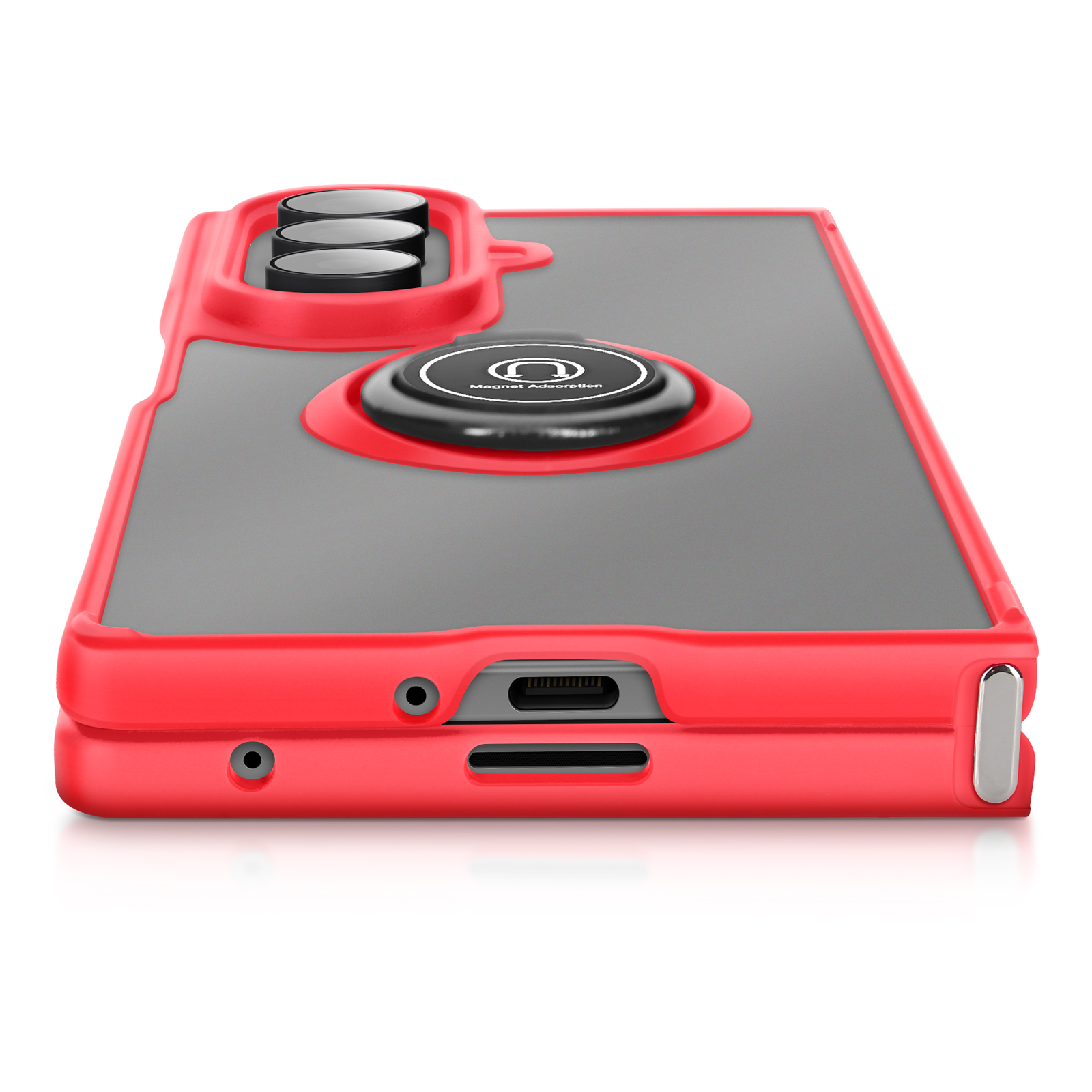Coque de téléphone rouge et grise, avec trois objectifs et un support d'anneau. La coque a une finition brillante.