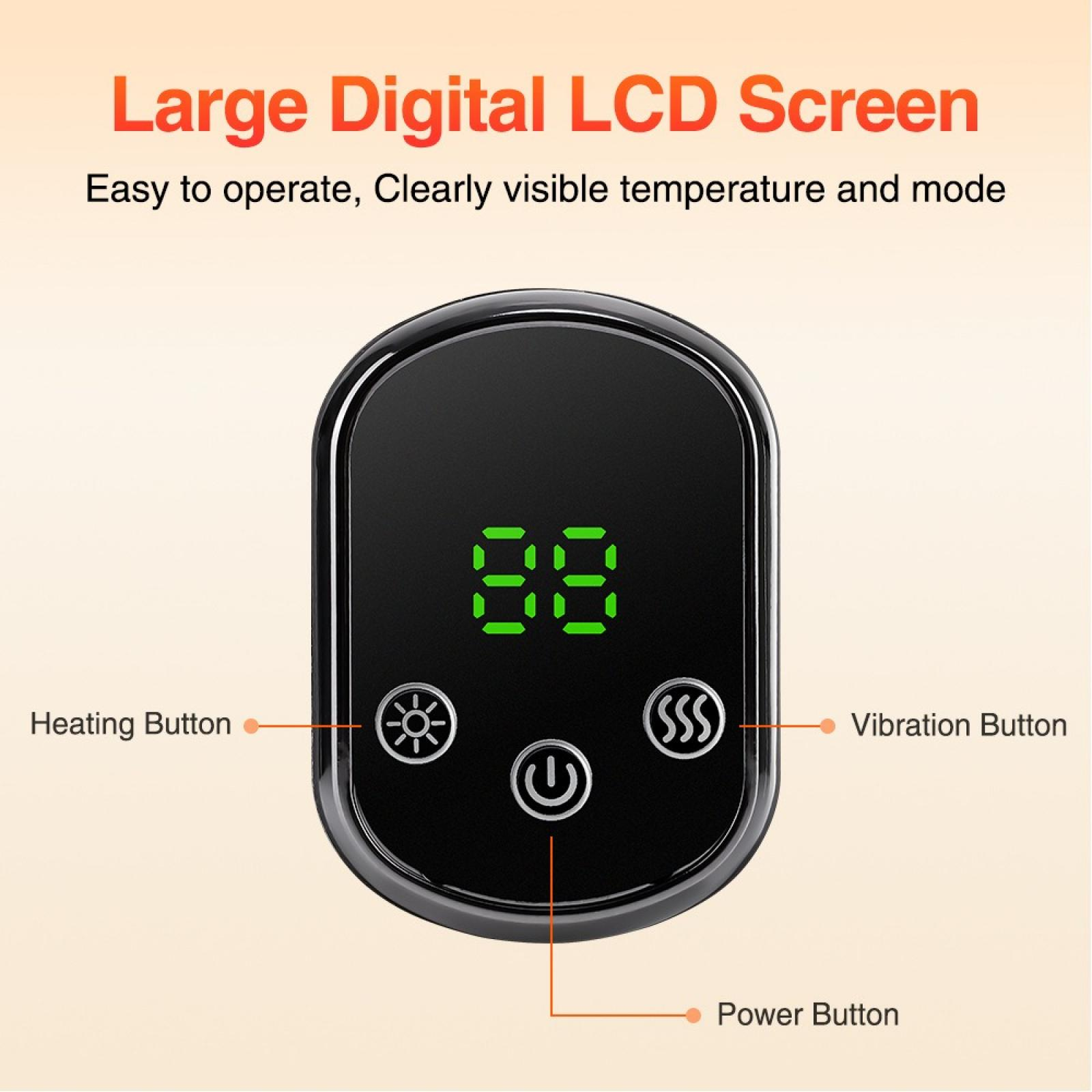 Schwarzes Gerät mit grünen Zahlen und Symbolen, beschriftet mit: Heizen, Vibration und Strom. Oranger Text: Großes digitales LCD-Display.