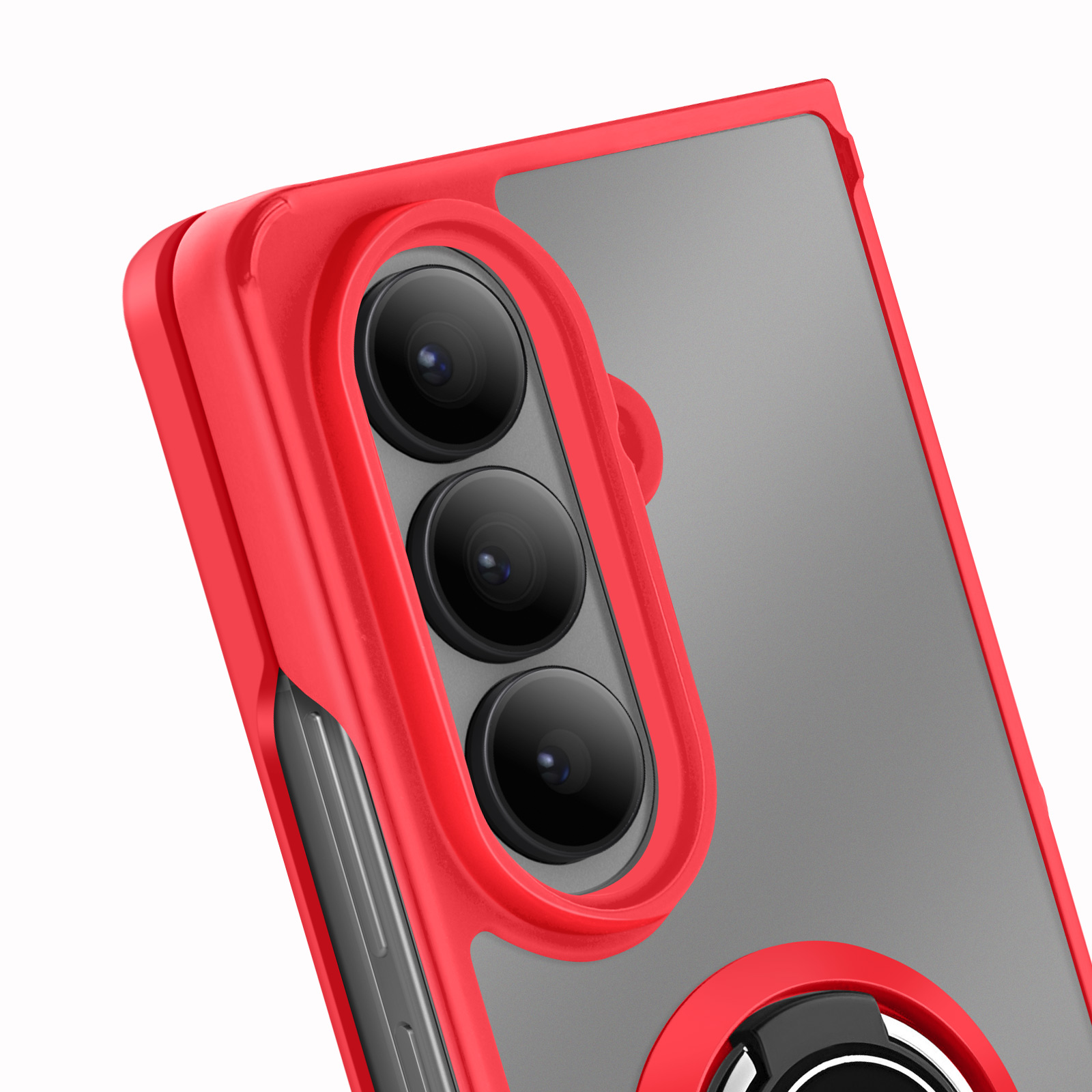 Coque de téléphone rouge avec trois objectifs. L'arrière est transparent avec un cadre rouge.