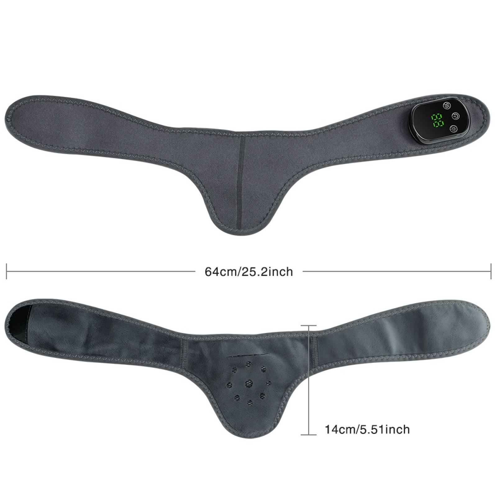 Gezeigt wird ein graues Nackenmassagegerät. Es hat ein Bedienfeld und ist 64 cm lang. Die Breite beträgt 14 cm.