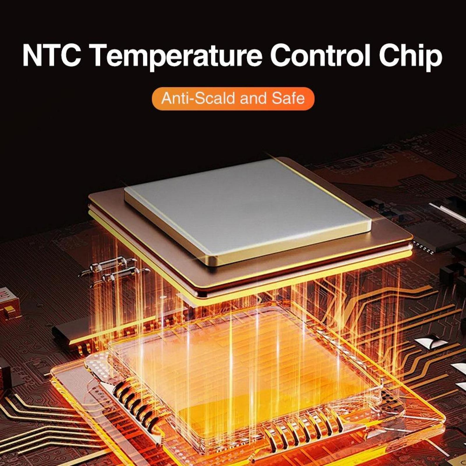 Ein Temperaturregelchip wird gezeigt, mit dem Text 'Anti-Verbrühung und sicher'. Der Chip befindet sich auf einer Leiterplatte.