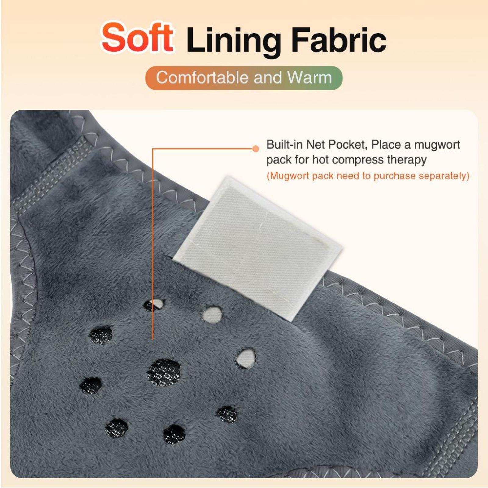 Nahaufnahme eines grauen Stoffes mit einer eingebauten Tasche, die ein weißes Quadrat hält. Der Text lautet 'Soft Lining Fabric'.