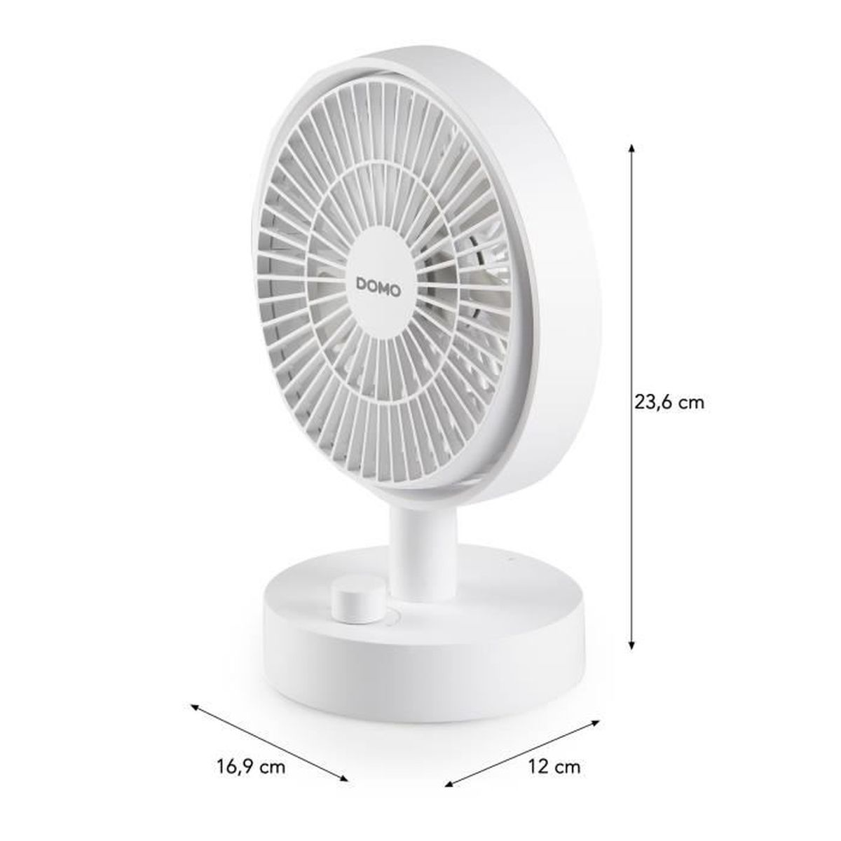 Weißer DOMO-Tischventilator mit Abmessungen. Lüfterkopf, Blätter und Sockel sind abgebildet. Maße: 23,6 cm, 16,9 cm und 12 cm.