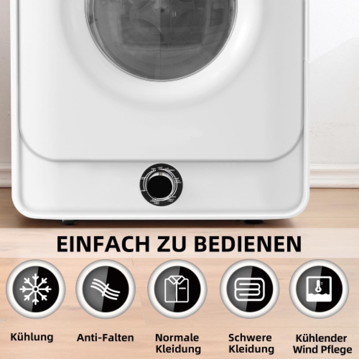Ein weißes Gerät mit Bedienfeld und Symbolen für Kühlung, Anti-Falten, normale Kleidung, schwere Kleidung und Kaltwindpflege.