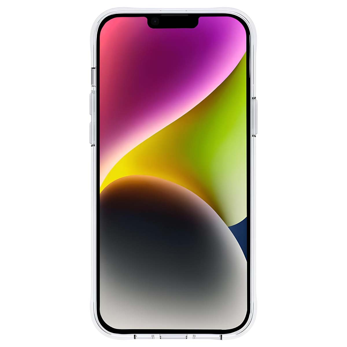 Un iPhone con uno sfondo colorato, all'interno di una custodia trasparente. Lo sfondo ha sfumature di viola, giallo e verde.