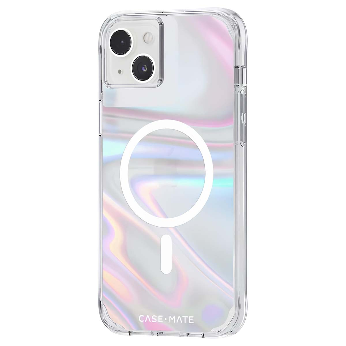 Custodia trasparente per iPhone con motivo iridescente. Funzione MagSafe circolare bianca. Logo 'CASE MATE' in basso. Fotocamera del telefono visibile.