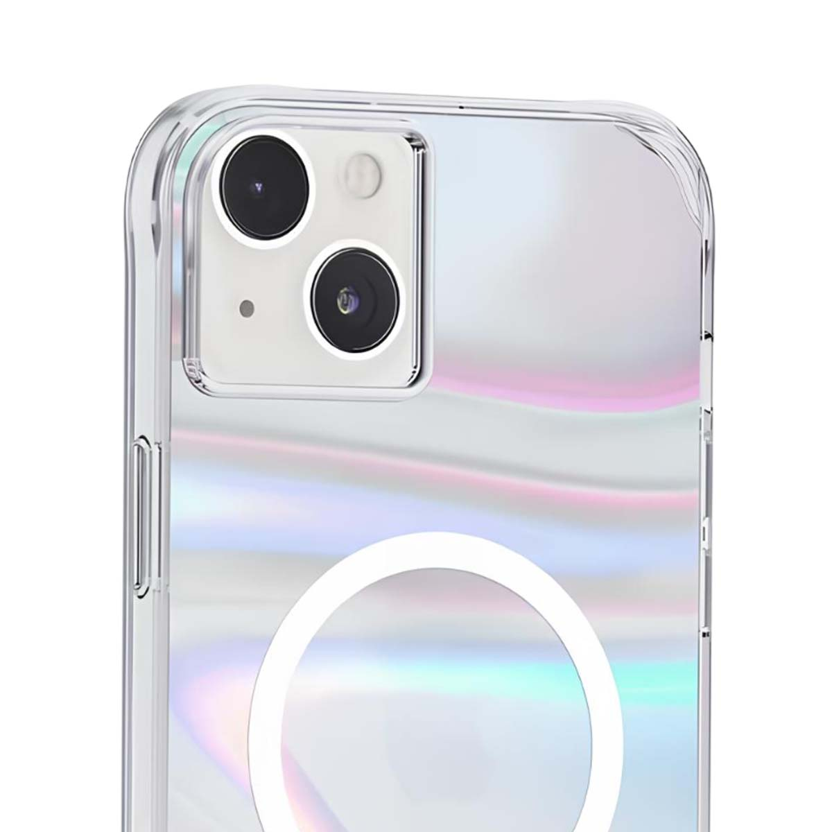 Custodia trasparente per telefono con retro iridescente. Obiettivi della fotocamera visibili e anello magnetico bianco. Protegge la fotocamera.