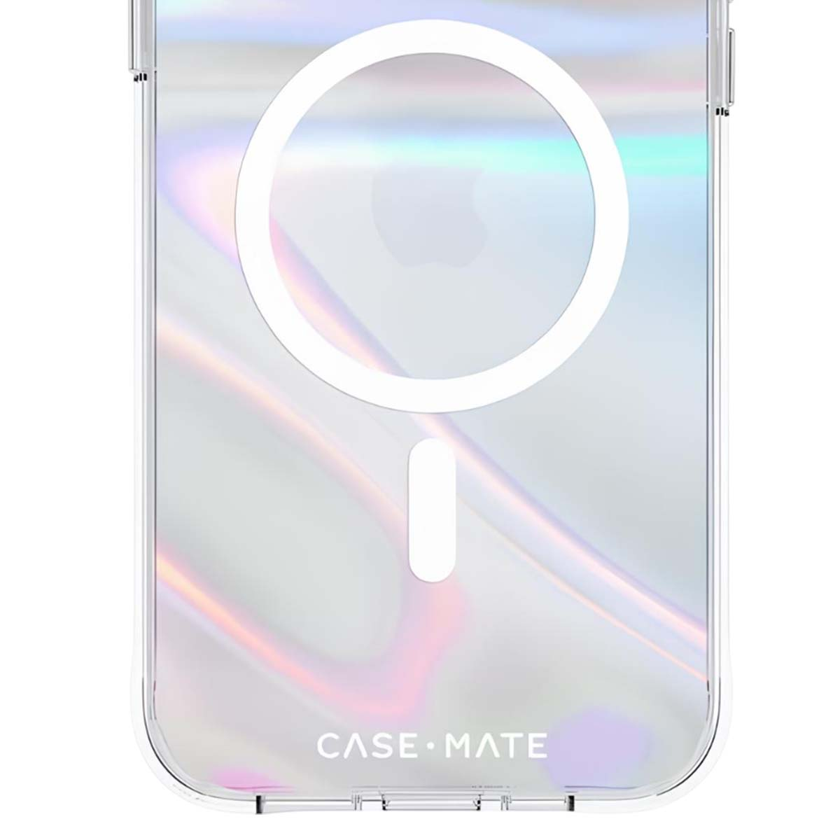 Custodia trasparente per telefono con anello di ricarica magnetico bianco e barra verticale. Logo Case Mate visibile in basso.