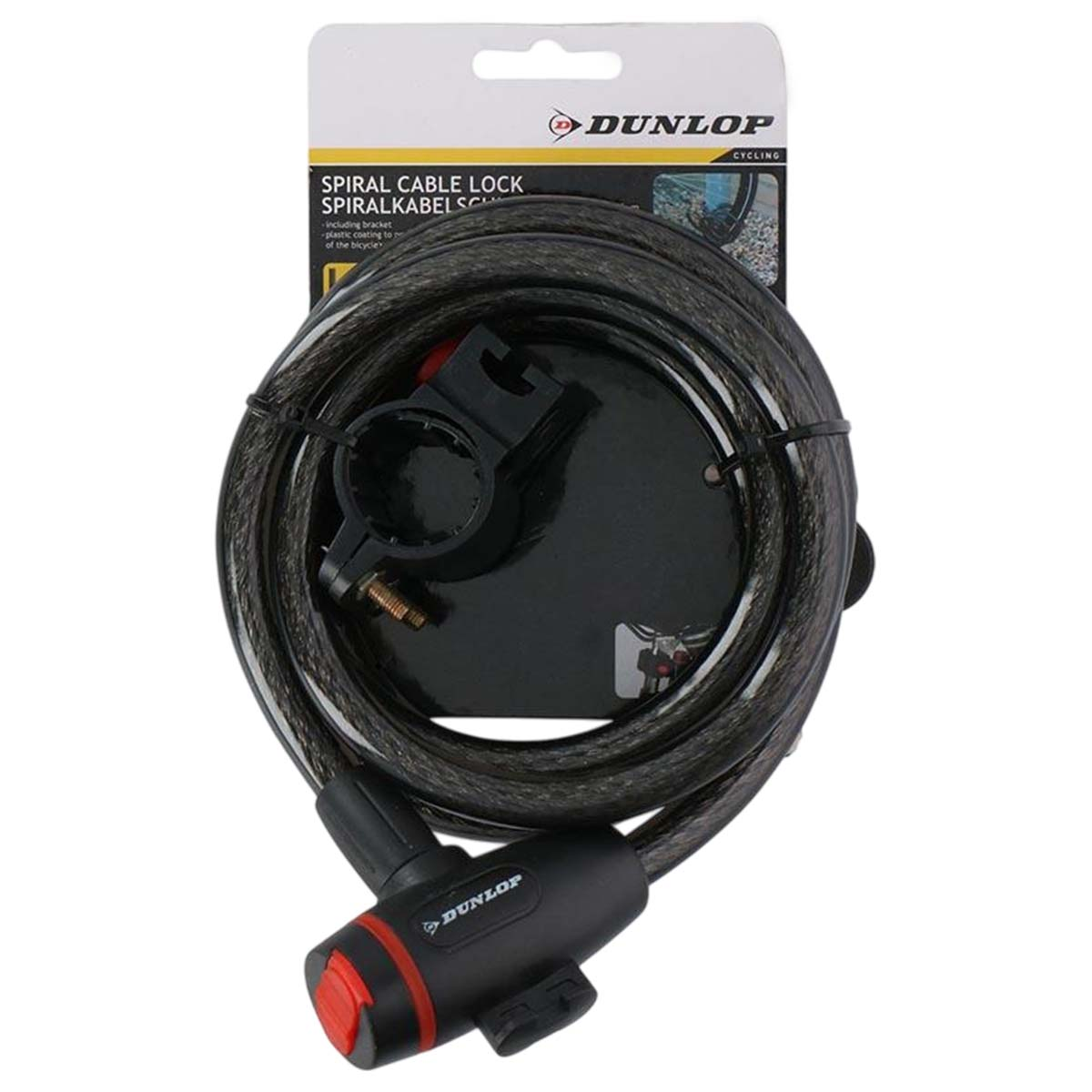 Ein schwarzes Spiralkabelschloss von Dunlop. Die Verpackung zeigt das Produkt und seinen Namen. Ein roter Knopf ist sichtbar.