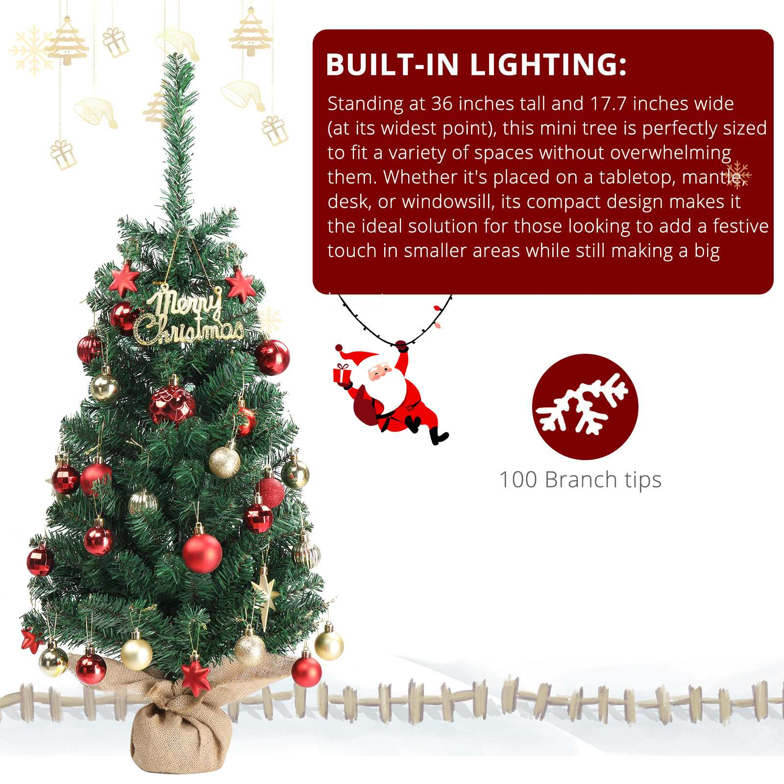 Ein geschmückter Weihnachtsbaum mit roten und goldenen Ornamenten und einem "Merry Christmas"-Schild. Auch eine Santa Claus-Dekoration ist vorhanden.