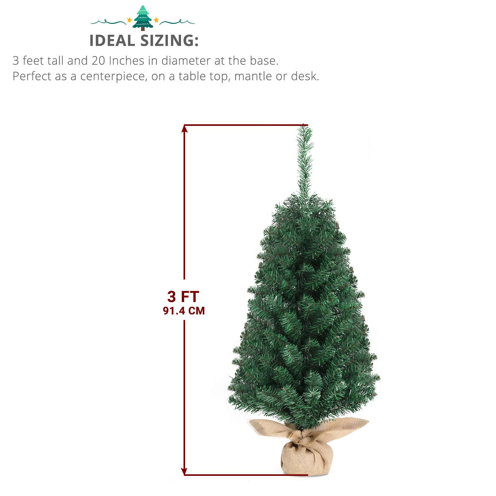 Ein grüner Weihnachtsbaum, 3 Fuß hoch, mit einem Untergrund aus Jute. Textdetails zur idealen Größe.