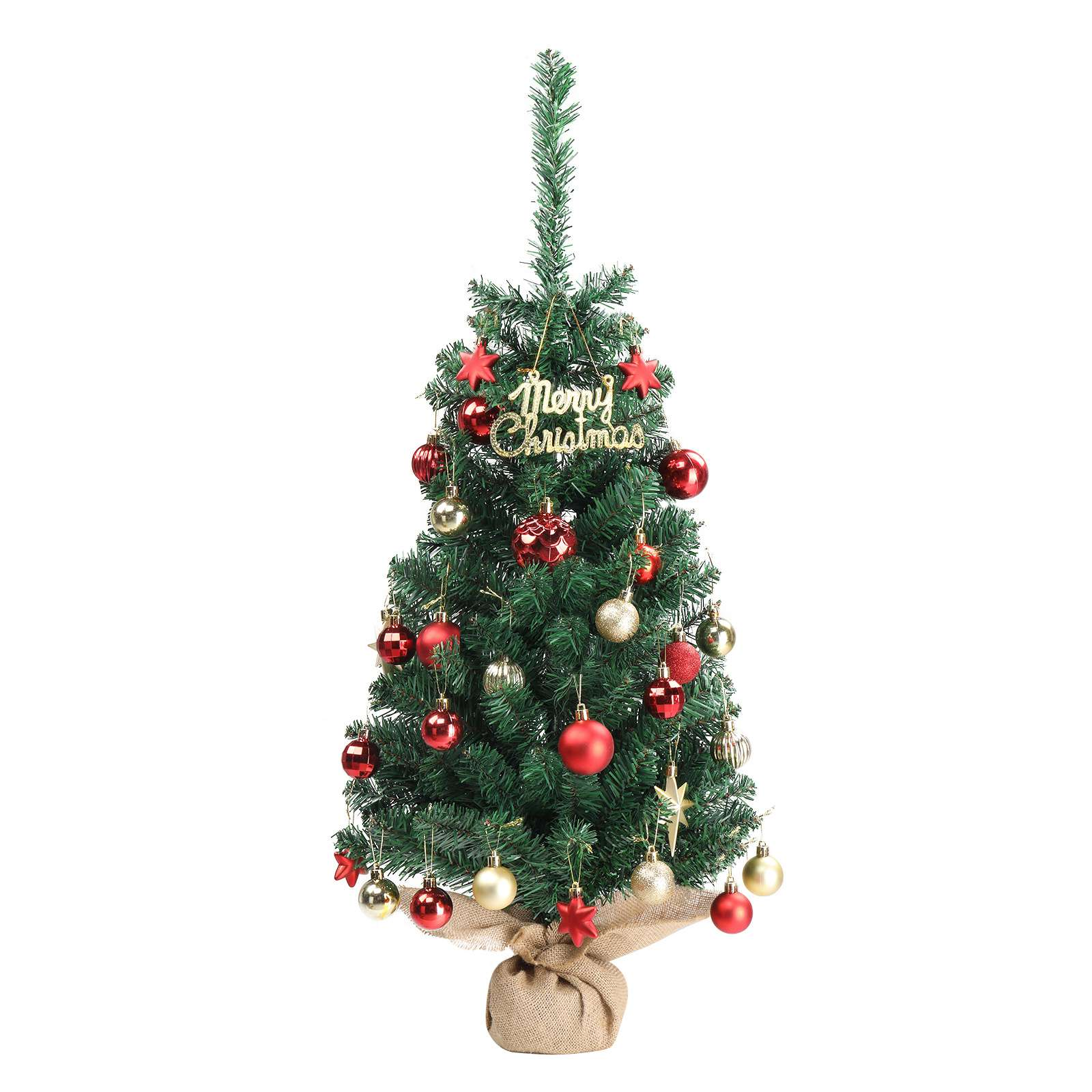 Ein kleiner Weihnachtsbaum mit Ornamenten. Rote und goldene Ornamente, Sternaufsätze. Eine Basis aus Jutesack und ein "Merry Christmas" Schild.