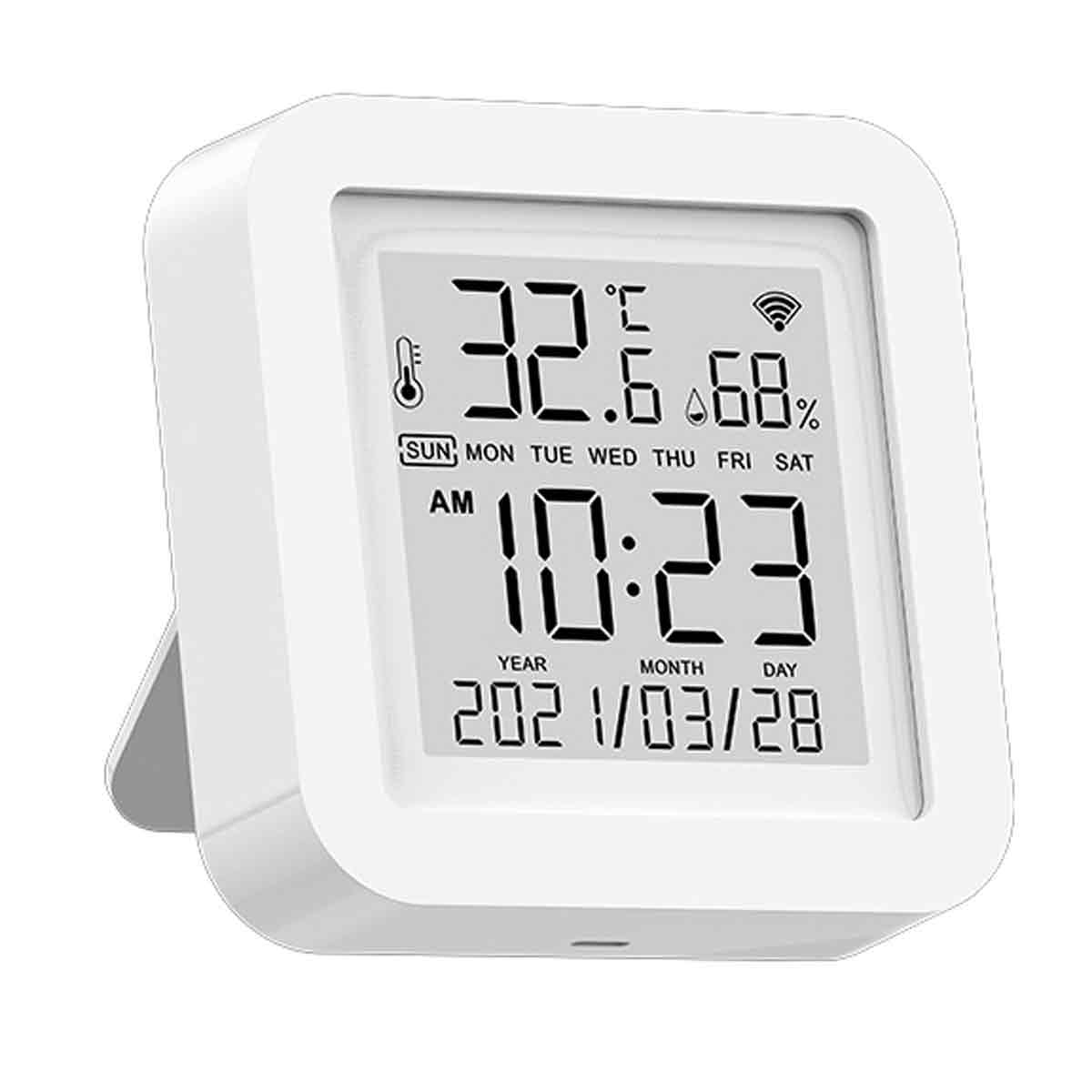 Weißer Digitalwecker zeigt Zeit, Datum, Temperatur und Luftfeuchtigkeit an. Die Uhrzeit ist 10:23 Uhr, das Datum ist 2021/03/28, die Temperatur beträgt 32,6 °C.