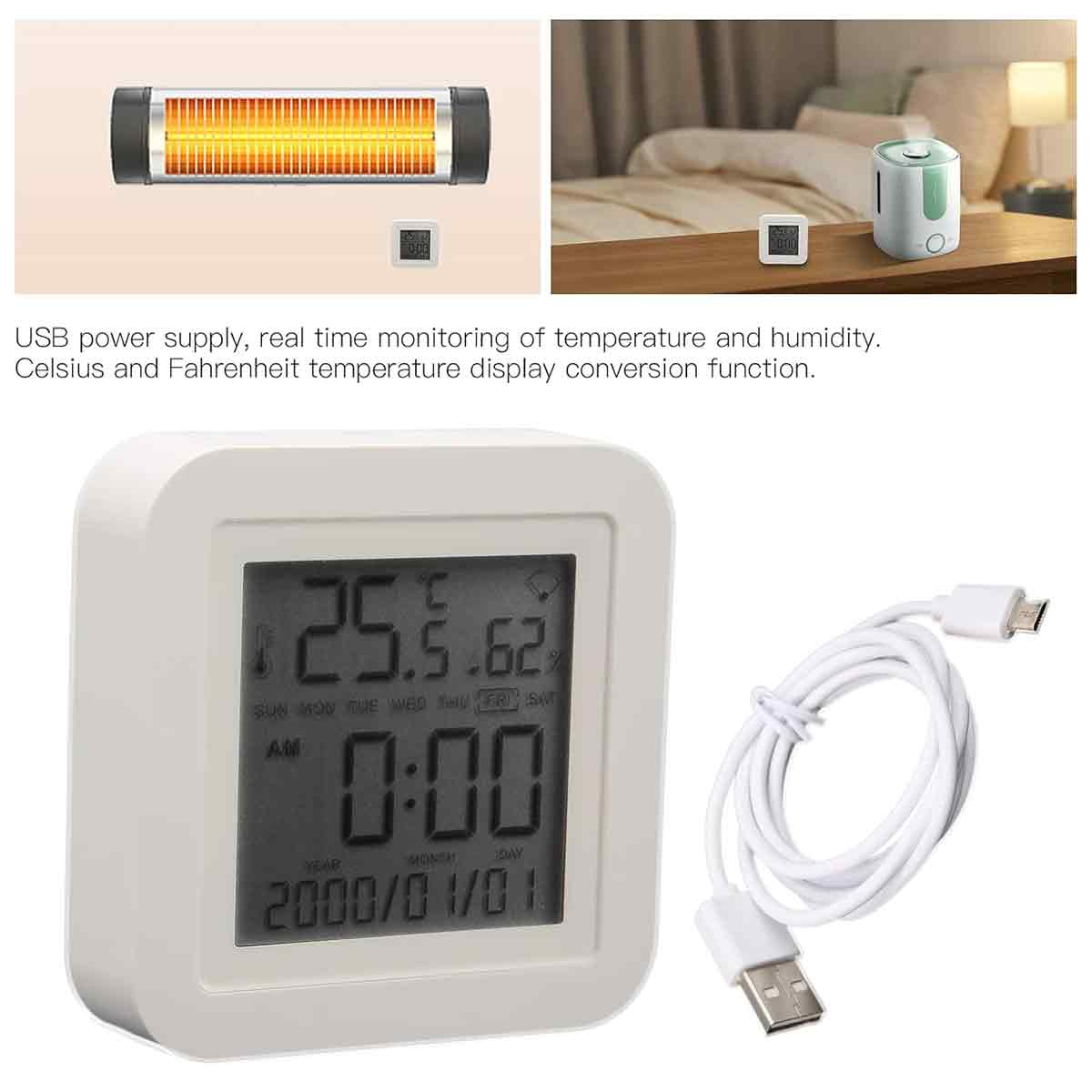 Eine Digitaluhr, die Temperatur, Luftfeuchtigkeit, Uhrzeit und Datum anzeigt. Daneben ein USB-Kabel. Obere Bilder zeigen verwandte Geräte.