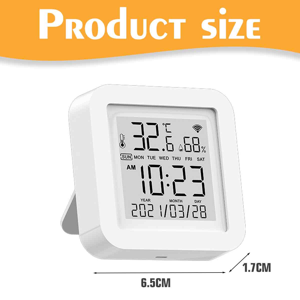 Eine weiße Digitaluhr zeigt Zeit, Datum, Temperatur und Luftfeuchtigkeit an. Die Produktgröße beträgt 6,5 cm x 1,7 cm. Der Text PRODUKTGRÖSSE steht oben.