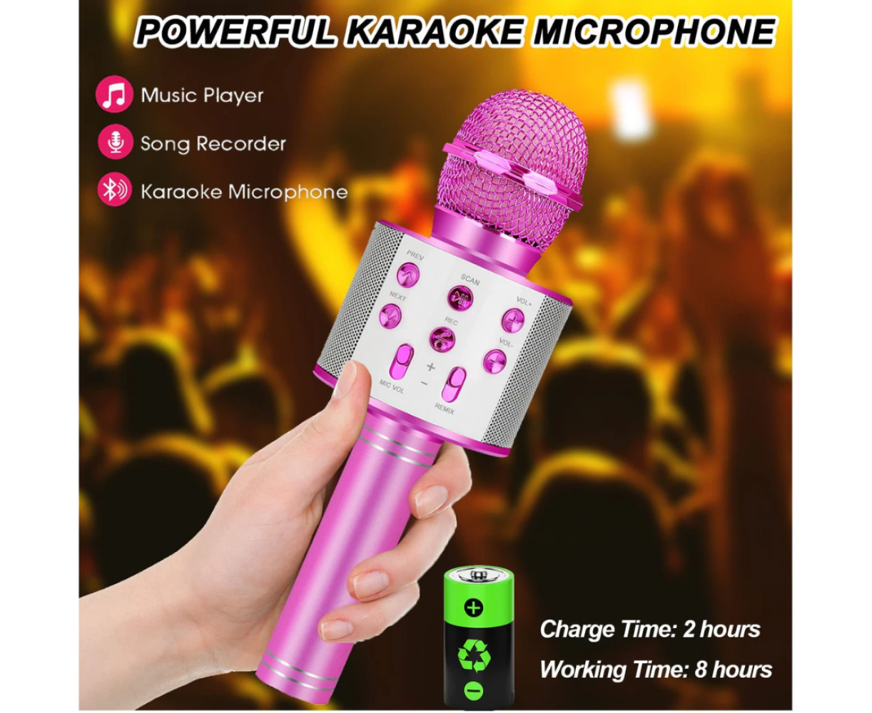 Ein pinkfarbenes Karaoke-Mikrofon wird von einer Hand gehalten. Daneben befindet sich eine Batterie. Der Text lautet: 'Leistungsstarkes Karaoke-Mikrofon'.