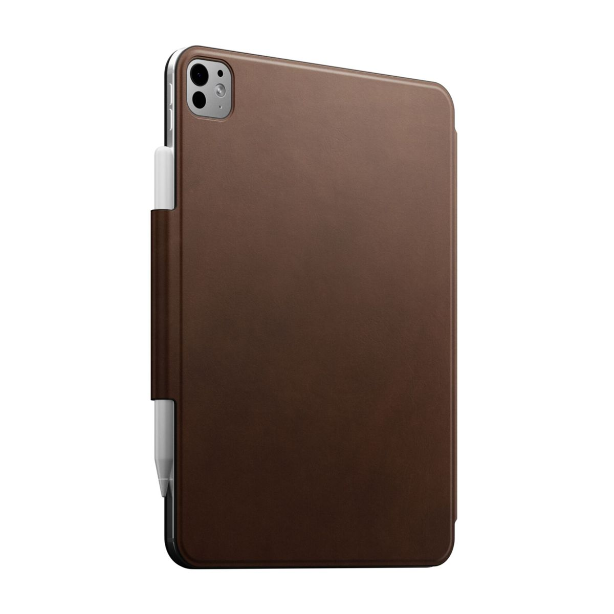 Eine braune Leder-iPad-Hülle mit einem weißen Stifthalter. Die Hülle befindet sich in vertikaler Position, mit weißem Hintergrund.