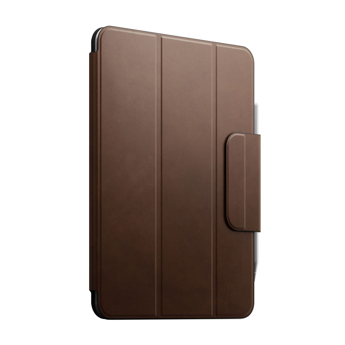 Eine braune Tablet-Hülle aus Leder mit Magnetverschluss. Sie ist geschlossen, und die Farbe ist ein mittleres Braun.