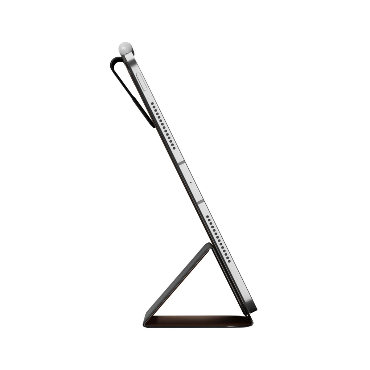 Ein silbernes Tablet mit schwarzem Gehäuse und Stift steht auf einem braunen Ständer vor weißem Hintergrund.
