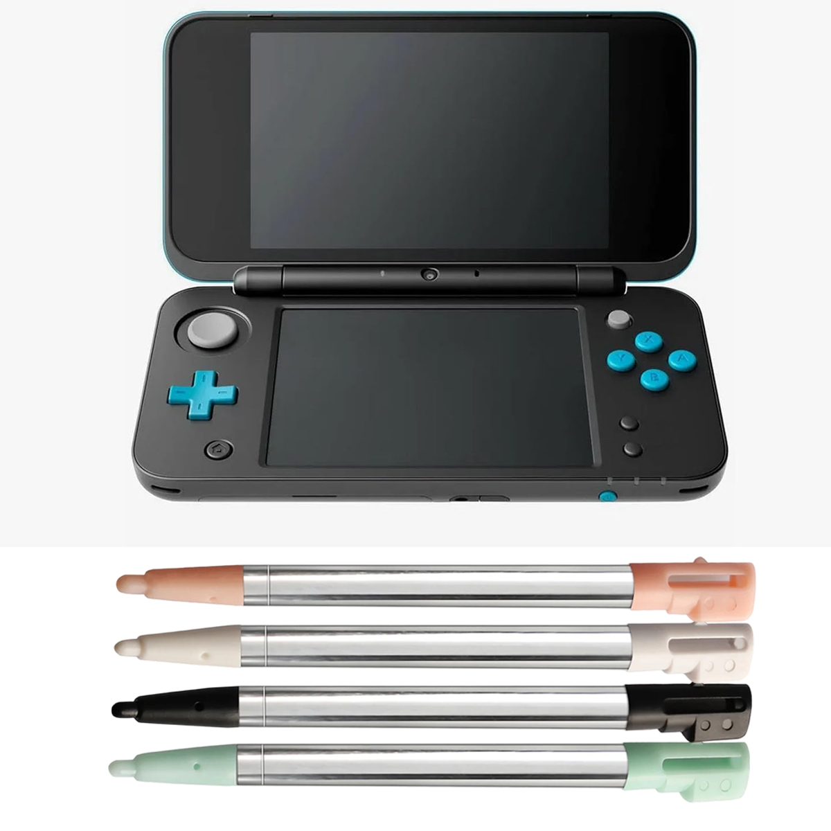 Oben: Nintendo 2DS Handheld-Konsole, schwarz mit tealfarbenen Akzenten. Unten: vier bunte Stifte mit silbernen Körpern, verschiedene Spitzen.